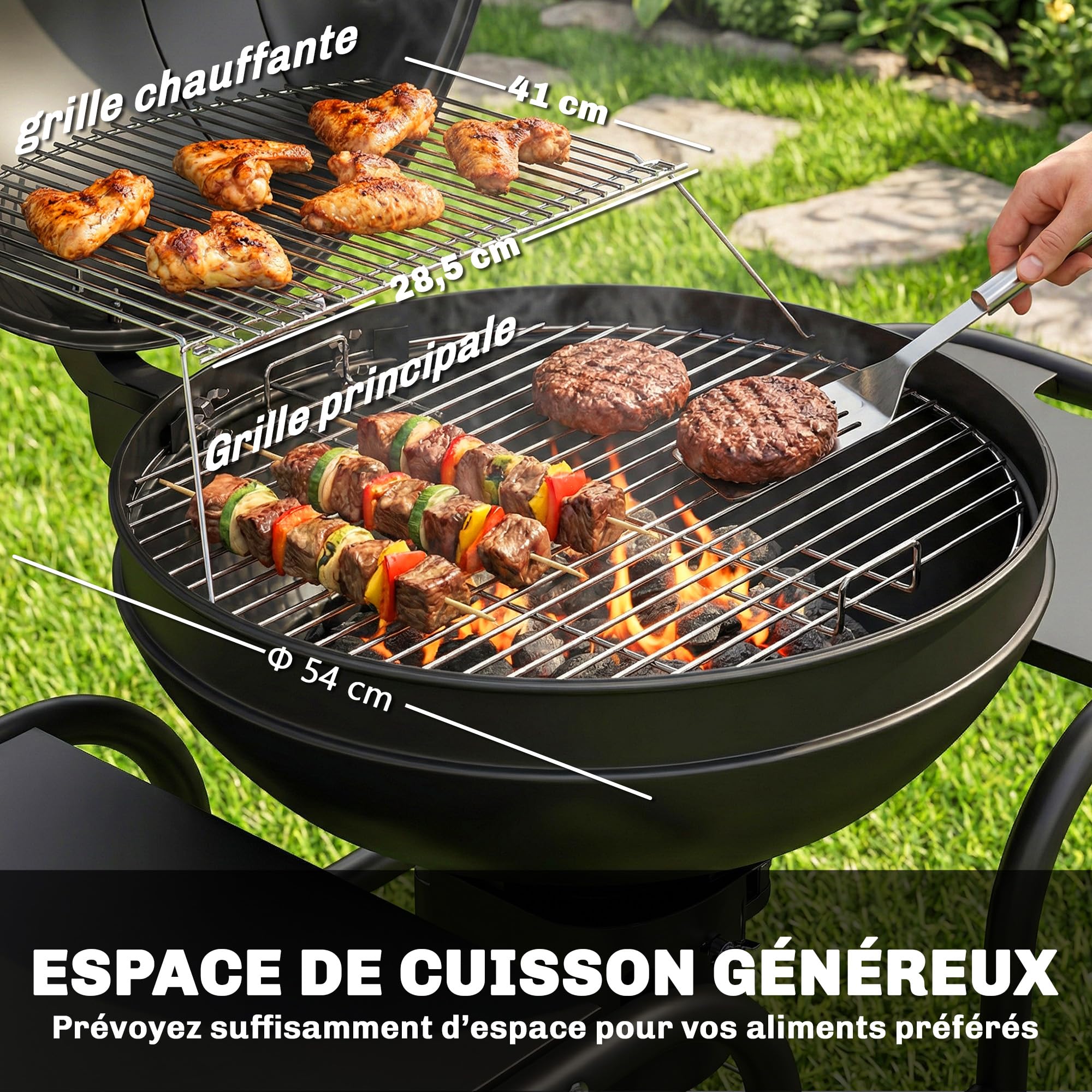 Outsunny Barbecue à charbon Rond avec couvercle Thermomètre Roues Noir | Barbecue Rond Extérieur, Tables Latérales, Étagère Inférieure, Jardin, Terrasse, Charbon De Bois
