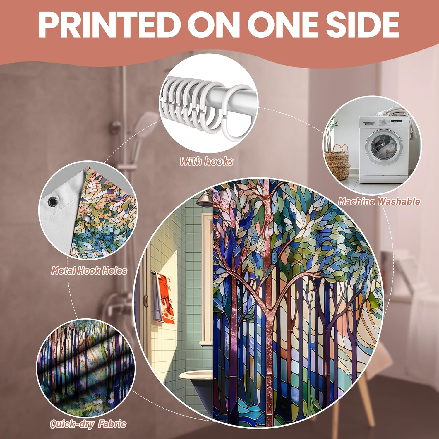 Stained Glass Shower Curtain Colorful Rainbow Forest Tree Shower Curtains for Nature Bathroom Decor Sets, Waterproof Cloth Fabric with Hooks, 108x72 Inch