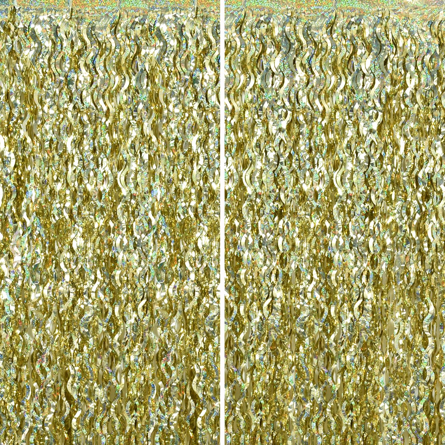 TONIFUL 2Pcs Wavy Champagne Metallic Foil Fringe Curtain Laser Streamers
