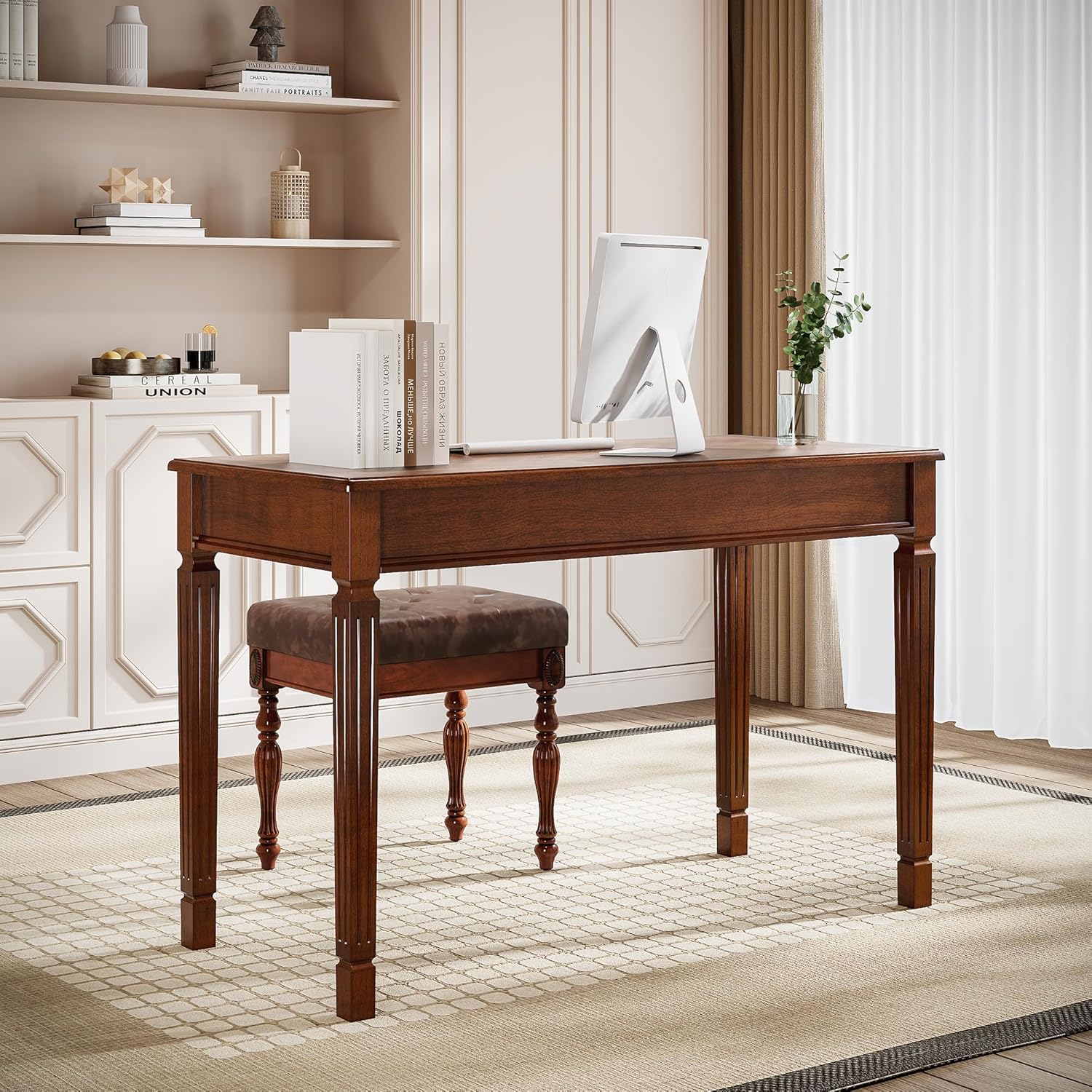 Solid Wood Makeup Vanity Table Set, 46.1" Large Dressing Vanity Table with 2 Drawers and Vanity Bench Stool Writing Desk with Solid Wood Legs & Button Tufted Cushioned Stool, Cherry&Brown