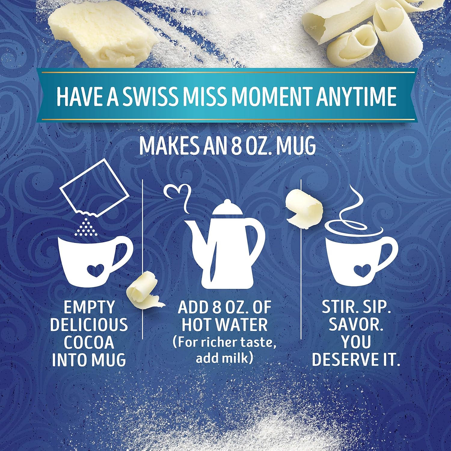 Swiss Miss White Chocolate Flavored Hot Drink Mix, Hot Cocoa Bar Supplies, 1.38 oz., 8-Count Envelopes (12 Boxes)