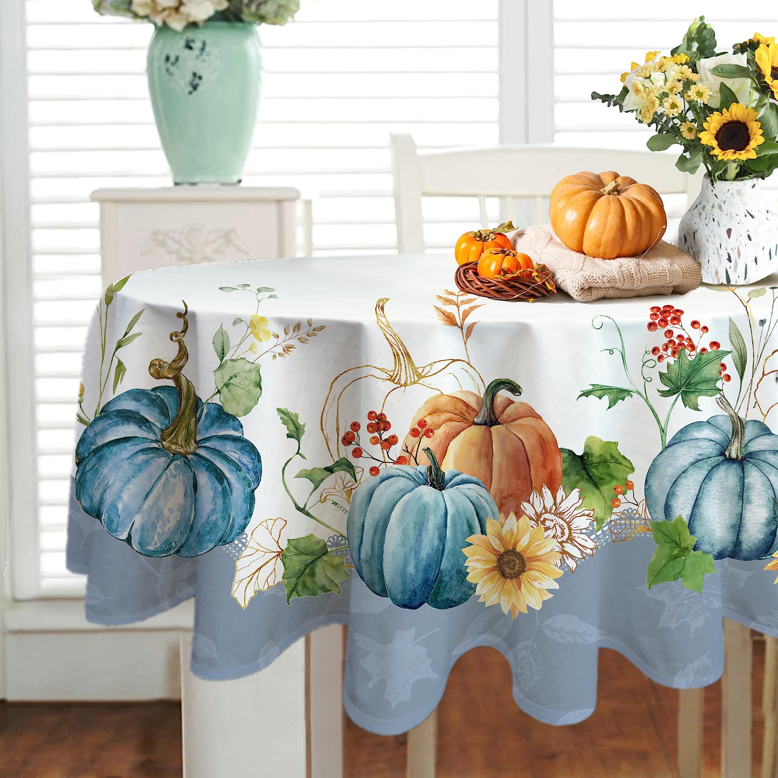 Tovaglia Rettangolare Autunnale 152x305 Cm - Zucca Blu, Girasole E Foglia D'Acero - Poliestere Impermeabile, Anti-piega Per Tavolo 10-12 Persone