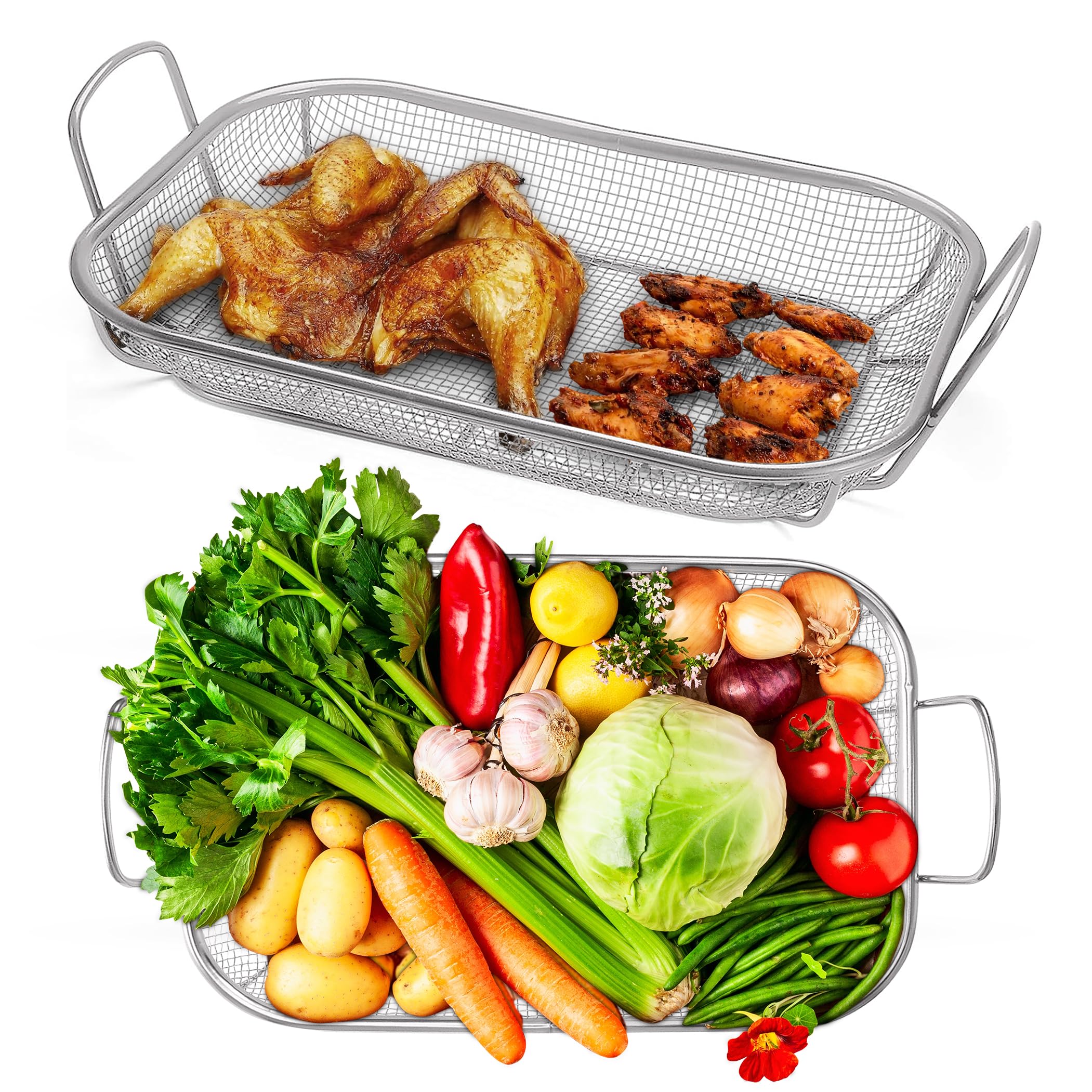 Homi Styles Grill-Gemüsekorb - 15 x 11 Zoll - Rostfreier Edelstahl Mesh Veggie Grillkorb - Silber