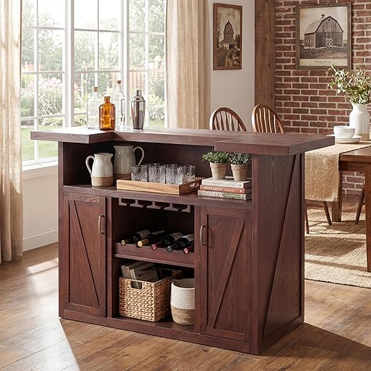 Christopher Knight Home Blake 41.35" H Wooden Bar Table, Antique Wine Cabinet with Storage & Glass Holder, Kitchen Bar Table with Shelves and 2 Doors, Storage Cabinet for Dining Room, Brown