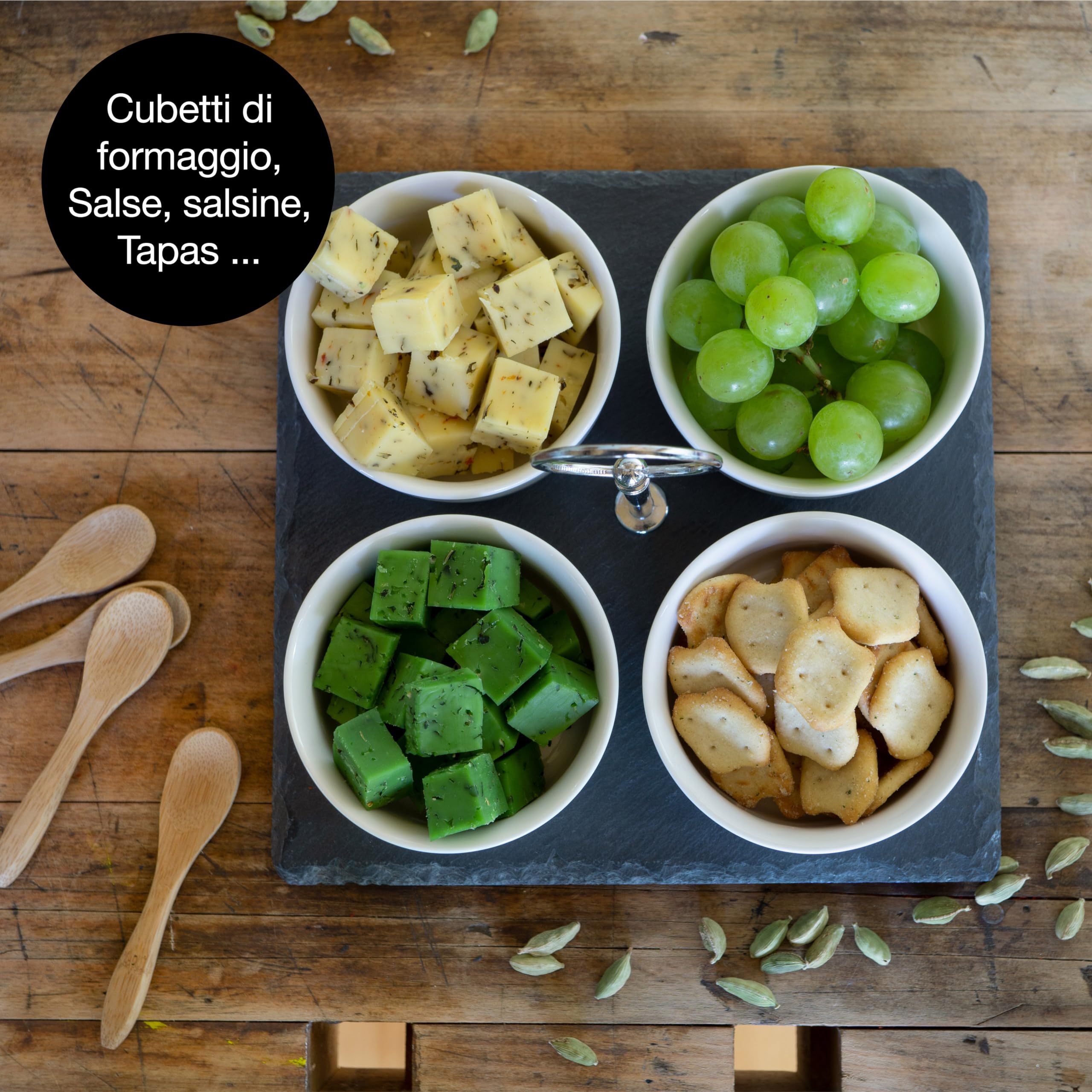 YA JU Ciotola in ceramica con vassoio in metallo, 3 ciotole rimovibili per antipasti, frutta, caramelle e spezie, utilizzati per feste di compleanno, ricordi, varie attività (verde 3 griglie