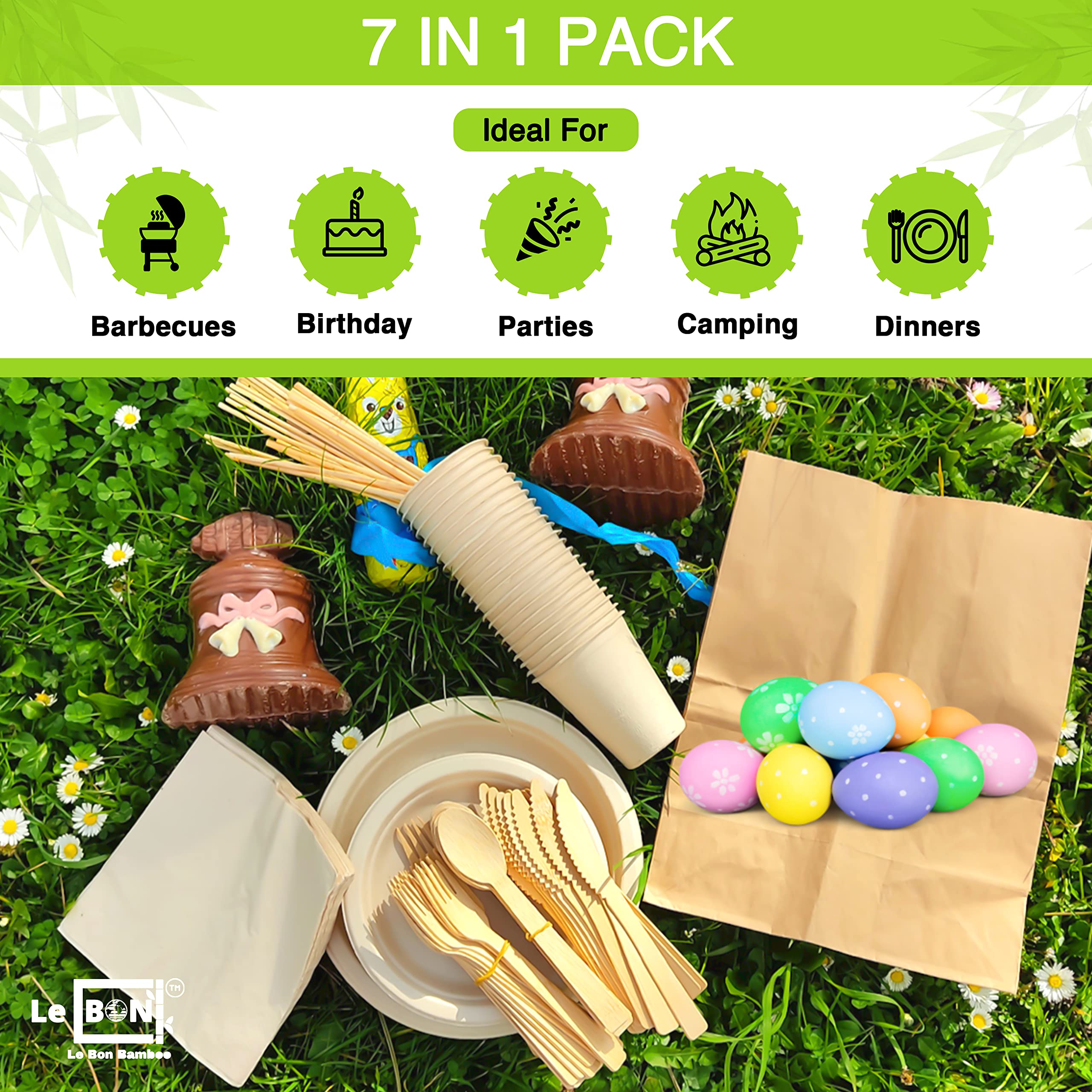 vajilla desechable set 227 pcs, platos desechables compostables - Bagazo de caña de azúcar de papel, Cubiertos de bambú - cuchillo, tenedor,cuchara, Vasos, Servilletas, Pajitas, Palitos para brochetas