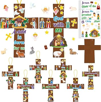 Lvdeer 54Sets Christmas Craft for Kids DIY Christian Cross Nativity Scene Hanging Decor Make Your Own Jesus Ornament Sunday School Church Party Activity