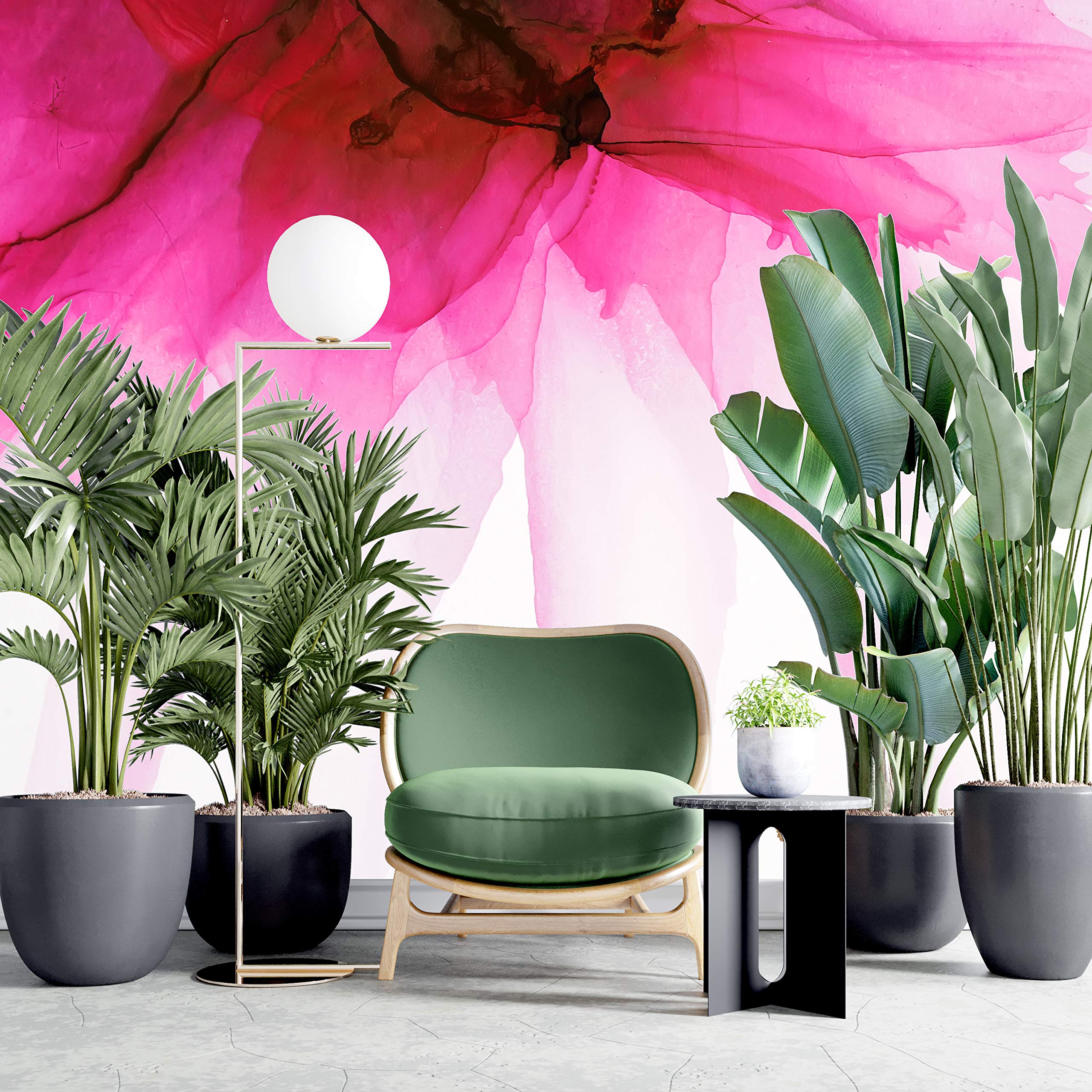 Pink Flower Watercolor Alcohol Ink Stain Abstract Design. Peel and Stick Wallpaper | Removable Wall Mural. #6252 (9ft Tall X 12ft Wide)