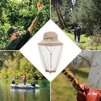 Mosquito Head Net Hat with Hidden Net Mesh for Outdoor Lover Hiking Fishing Beekeeping Gardening Men or Women (Khaki)
