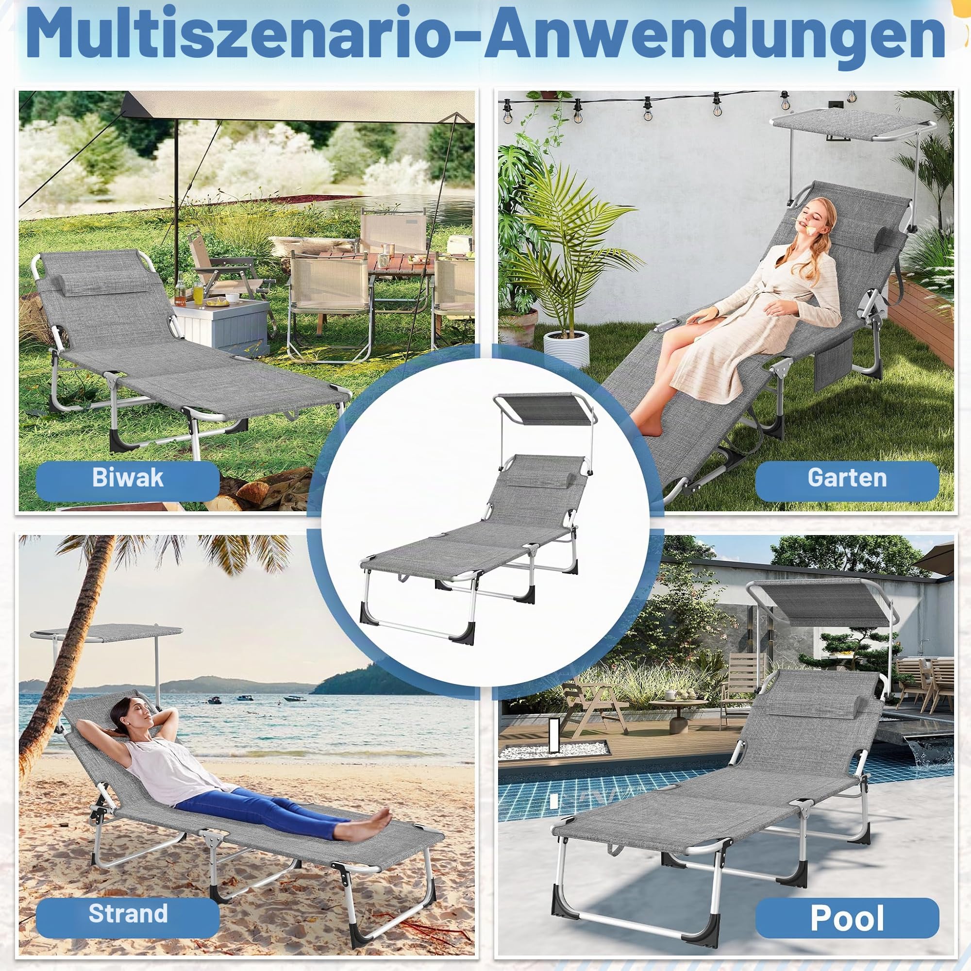 LZQ 2X Sonnenliege Liegestuhl Klappbar mit Sonnendach & Seitentasche, Gartenliege aus 600D Oxford-Gewebe, 194x68x30 cm, für Terrasse, Balkon, Camping & Outdoor, Belastbar bis 100 kg (Leinen Grau)