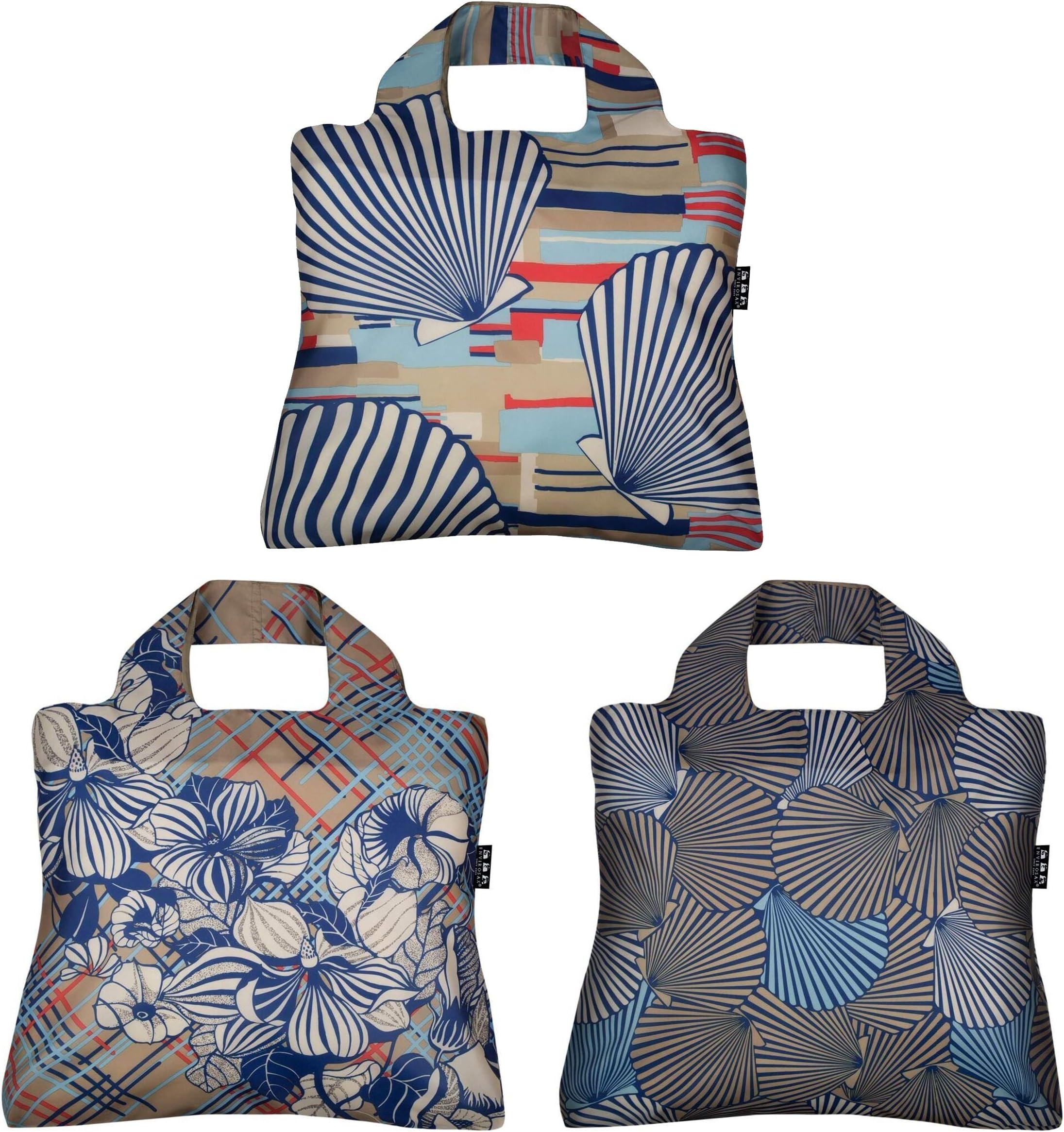 Envirosax Mallorca Reusable Grocery Bags, Set of 3, Seashells & Floral