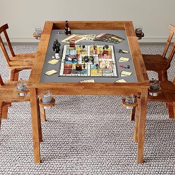 LYNSLIM Board Game Table, 65"x 39" Solid Wood Dining and Gaming Table with Removable Table Top, Seats 4 to 6 Players with 58in x 34in Play Area, Includes Play Mat, Detachable Cup Holders & Trays