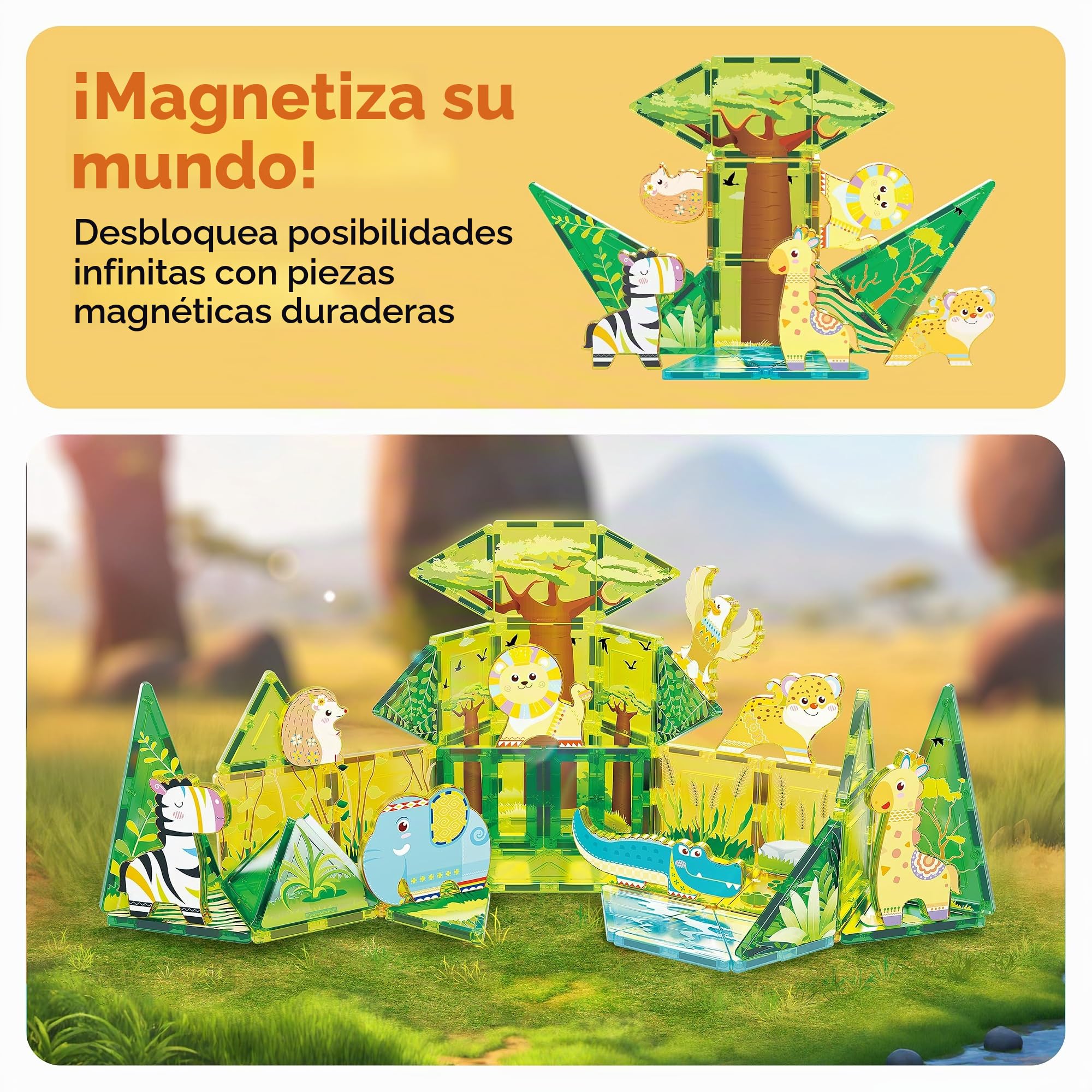 PicassoTiles Bloque de construcción de Azulejos magnéticos con temática de Safari, Juego con 8 Figuras de acción de Animales magnéticos compatibles Blocks Toddler Creativity Toys Steam Educational