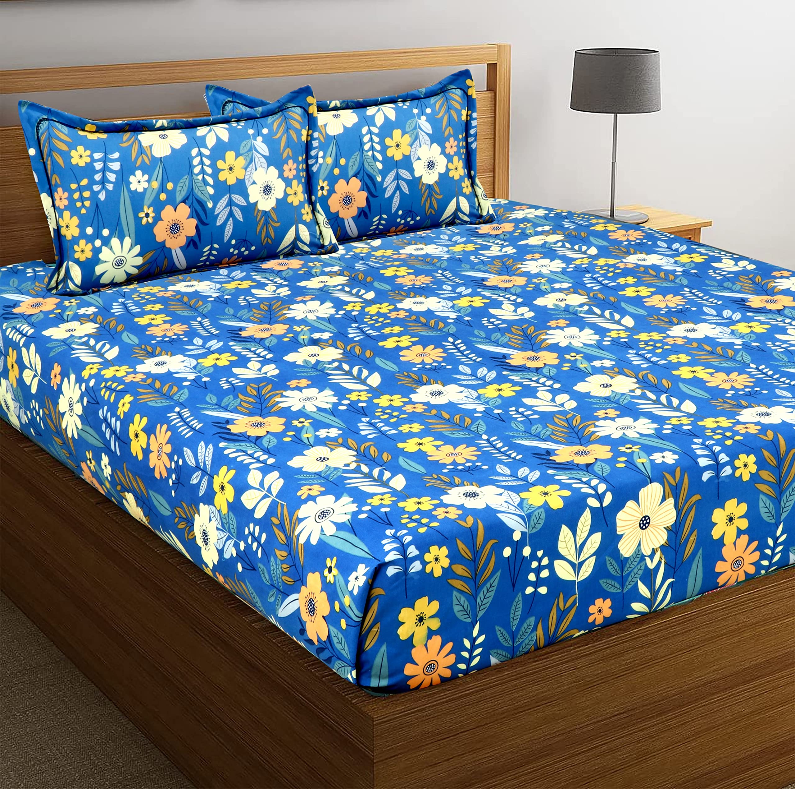 VAS COLLECTIONS Kingston Collection 1 King Size Bedsheet with 2 King Size Pillow Covers| Luxury Soft Sheets, Breathable, Shrinkage (3pcs Set) |108x108 inches or 274x274 cm-Blue & White 3