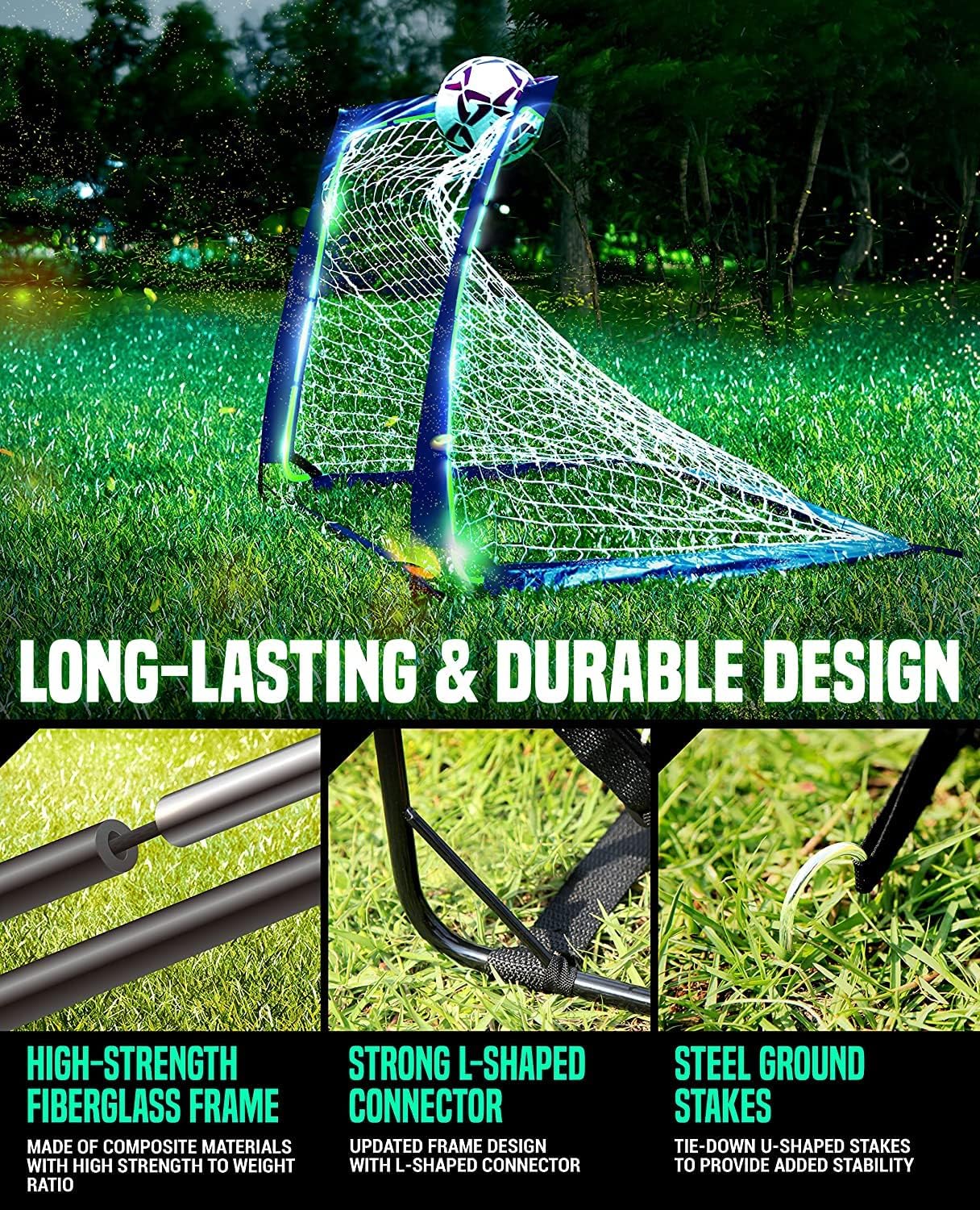 Soccer Net Gifts - Light Up Soccer Goals, Glow in The Dark | Portable Pop-up Football Goals for Kids Teens & Youth, Black, 4 x 3Ft (NOS341402020)
