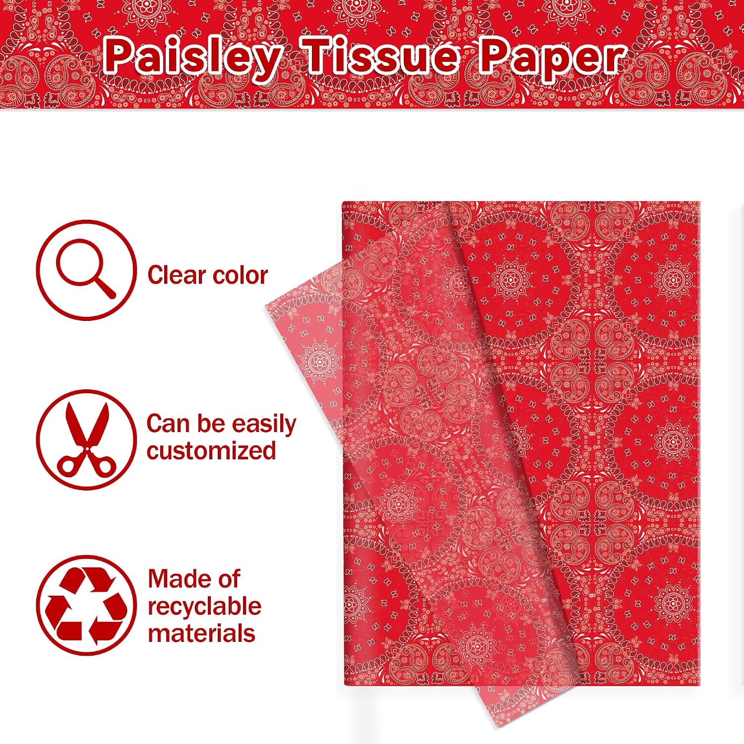 DodelyGz Paisley Pattern Tissue Paper, Red Gift Wrapping Paper for Presents, Crafts, Party Favors, Decorative Packaging, 60 Sheets, 13.8x19.7 Inch