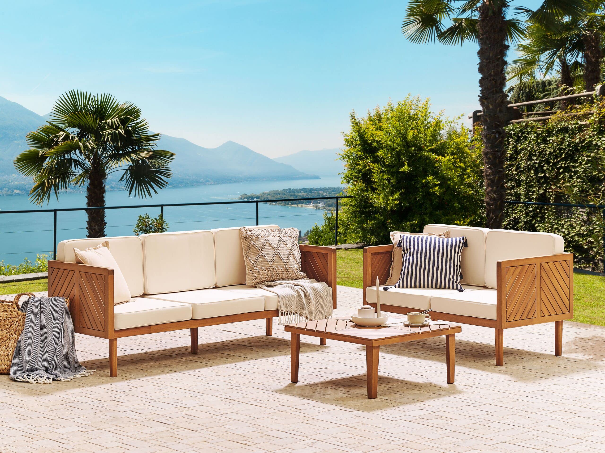 Beliani Canapé de Jardin Beige Clair en Bois d'Acacia 3 Places avec Coussin Taie Déhoussable Baratti