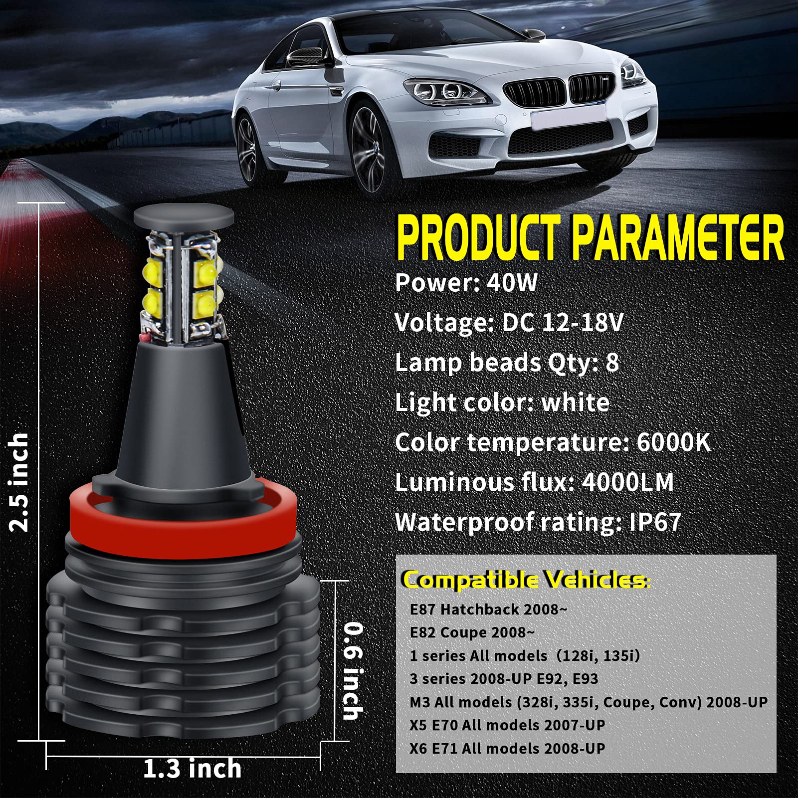 OPP ULITE Ampoule yeux d'angle de voiture H8 40W yeux d'ange phare Halo anneau LED ampoules de marqueur Canbus sans erreur blanc xénon pour E92 E87 E82 E90 E93 E70 E71 (2 pièces)