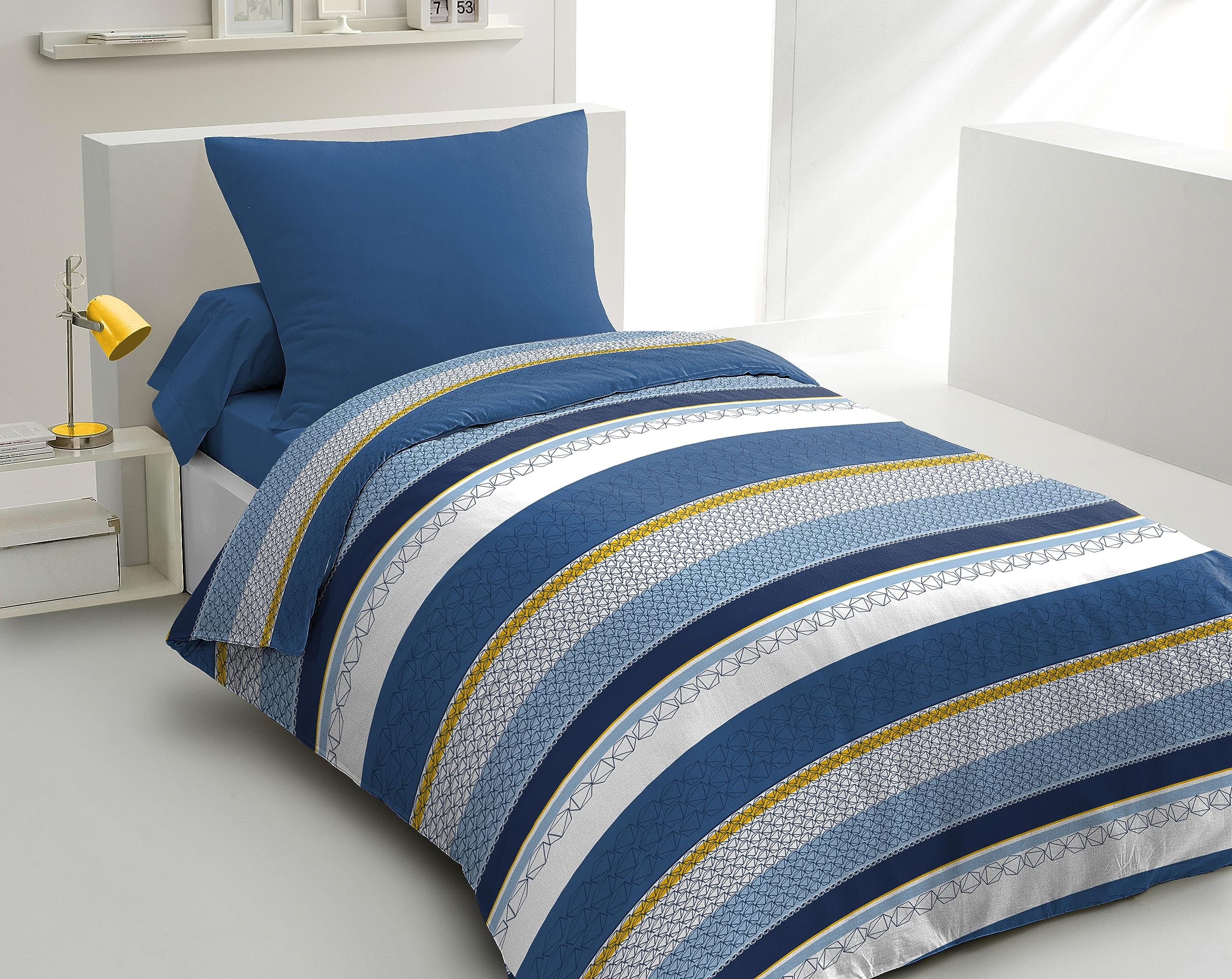 Parure de couette 220x240 cm HOME LINGE PASSION LOUXOR : Housse de couette 2 taies d'oreiller - 100% Coton 57 Fils - Bleu