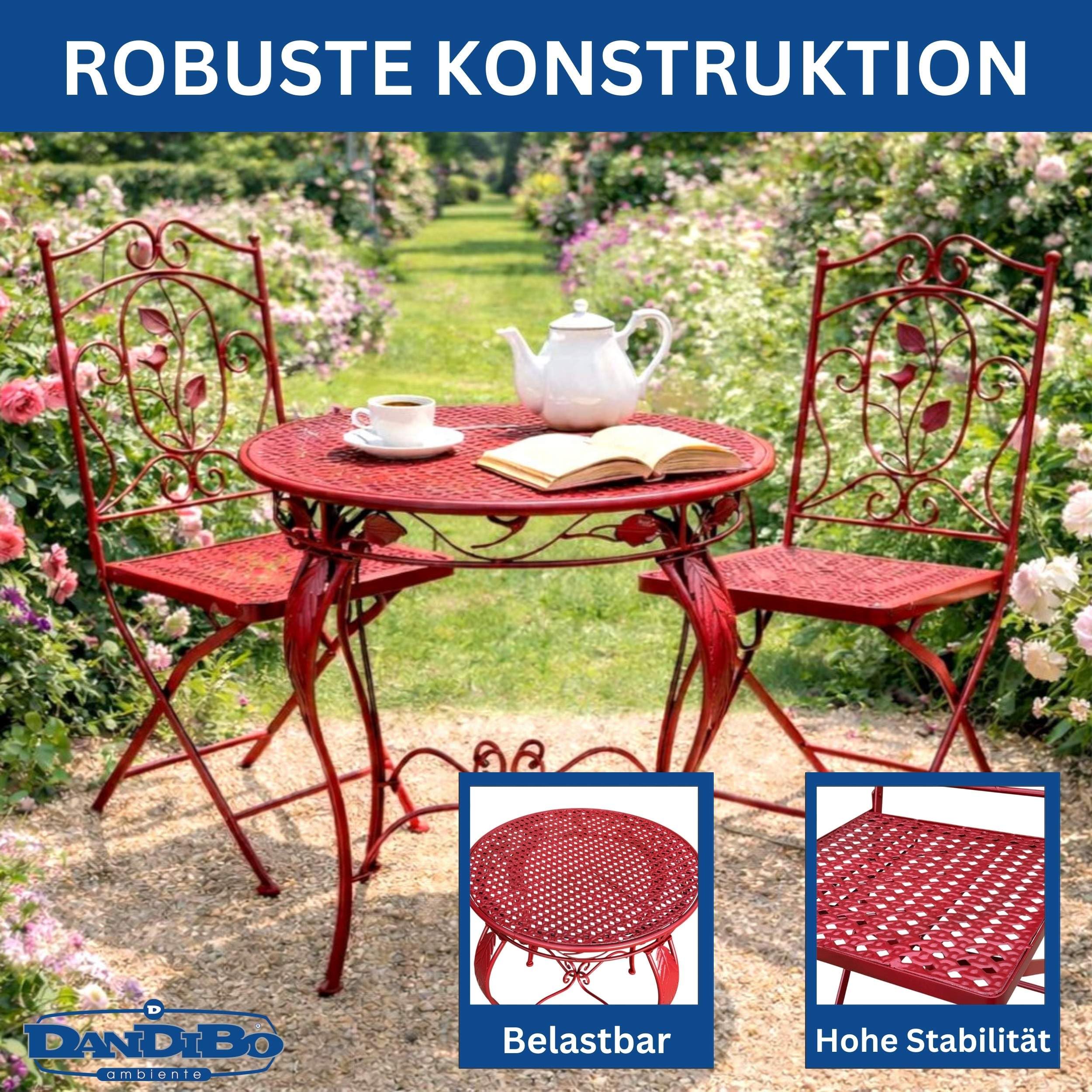 DanDiBo Stół bistro z 2 krzesłami, meble ogrodowe, metalowe, antyczne, czerwone, odporne na warunki atmosferyczne, Rosso 96720, zestaw bistro, 2 krzesła, 1 stół, meble ogrodowe, 3-częściowy zestaw