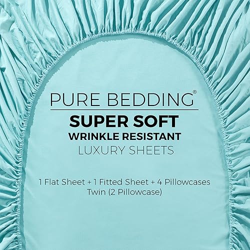 Miniatura 5 de Pure Bedding Sábanas – Juego de sábanas individuales [4 piezas, Aqua] – Hotel Luxury 1800 microfibra cepillada – Suave y transpirable – Sábana