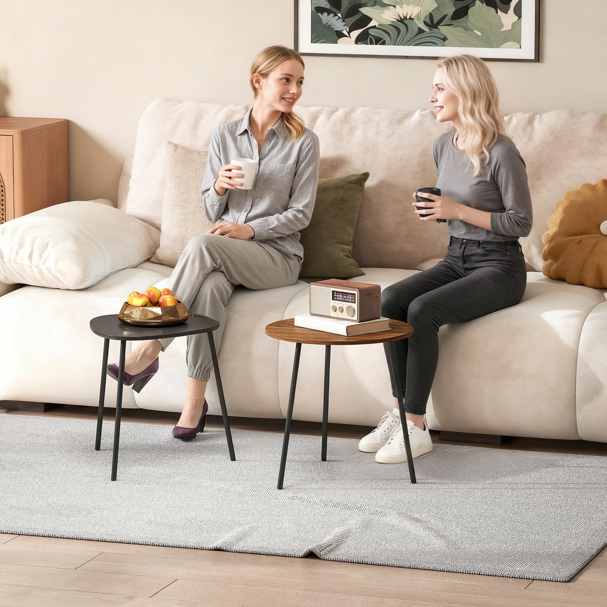 HOMCOM 2 mesas de café Nido, contemporáneo, Nogal y Negro | Mesas laterales de metal, formas redondas y triangulares, mesa de sofá para salón y dormitorio