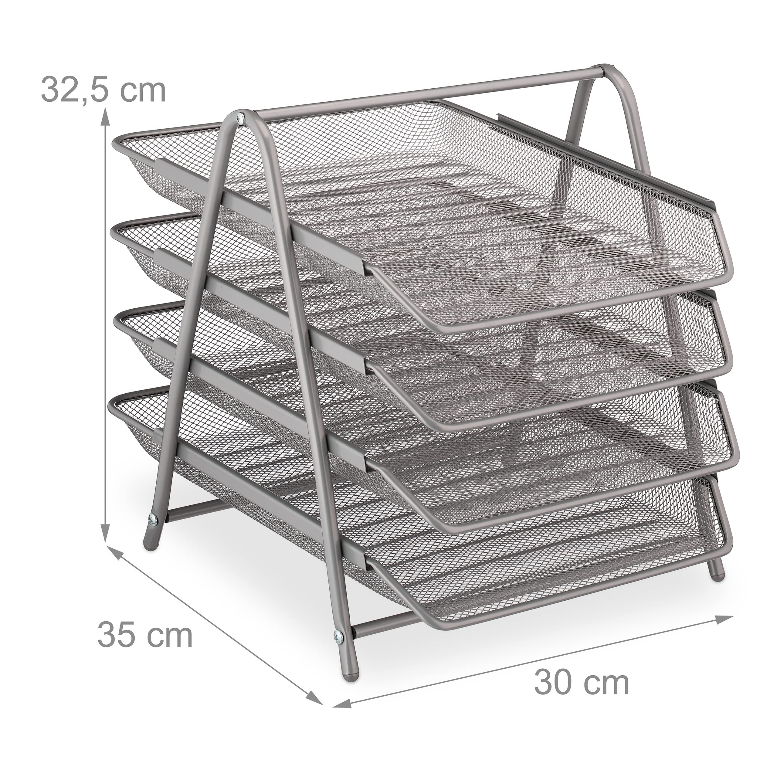 Relaxdays Document Tray, 4 Compartments, Filing System, Mesh, Letter Tray A4, HxWxD: 32.5 x 30 x 35.5 cm, Metal, Silver - Image 4