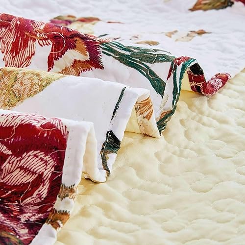 Miniatura 4 de Tache - Juego de colcha acolchada reversible con diseño floral rojo y blanco, diseño de colibríes dorados, color borgoña, marfil, antiguo, granja,