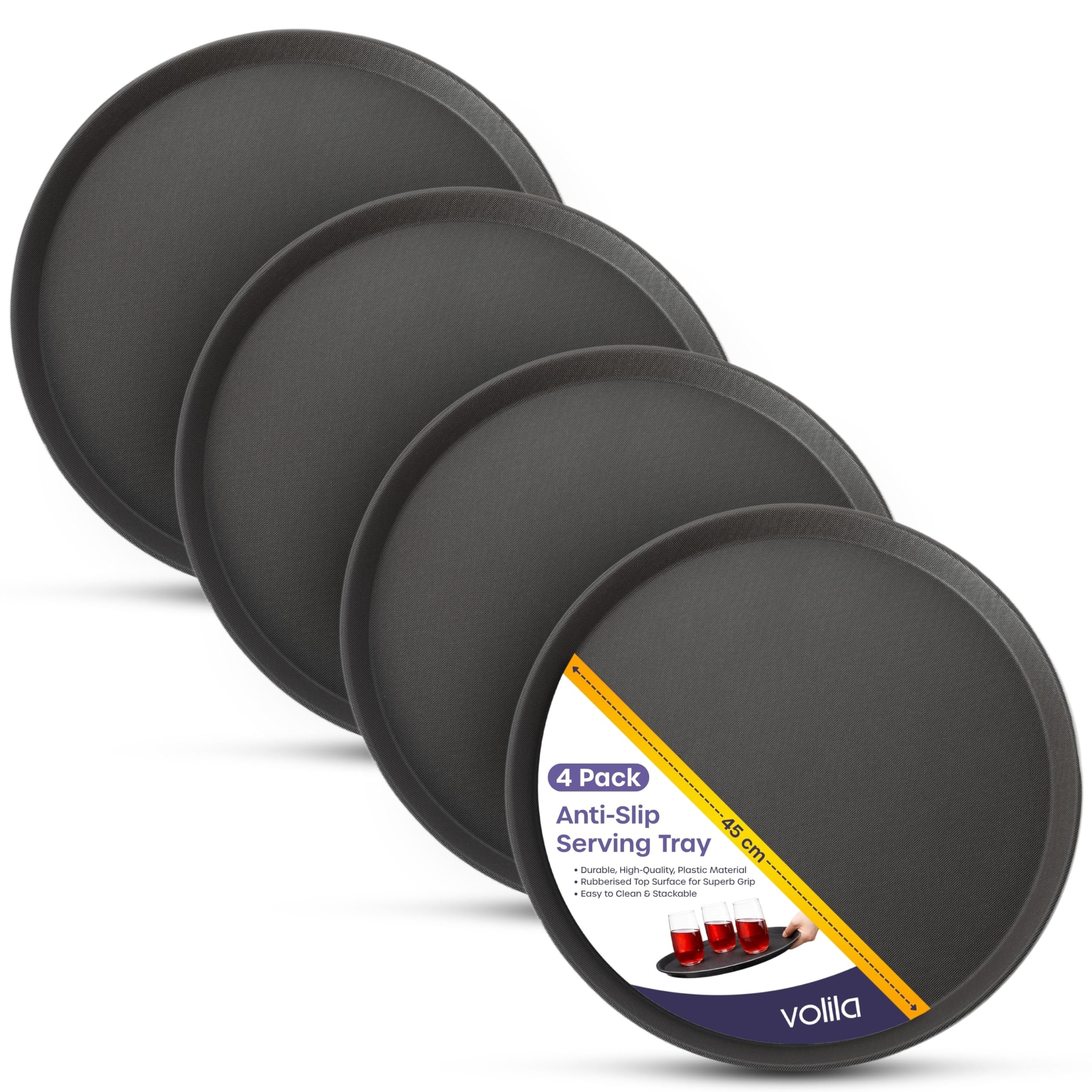 Volila Black Round Tray - 45Cm (4 Pack) Rubberized Round Trays For Food Serving And Drinks - Dishwasher Safe Non Slip Tray For Parties, Gatherings, Bars, Restaurants, And Home Use