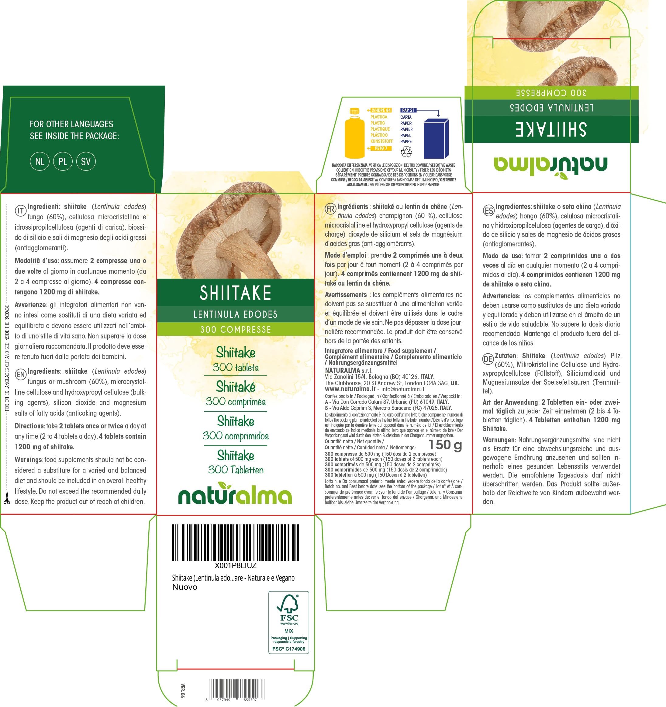Shiitaké ou Lentin du chêne (Lentinula edodes) champignon Naturalma - 150 g - 300 comprimés - Complément alimentaire - Naturel et Végétalien