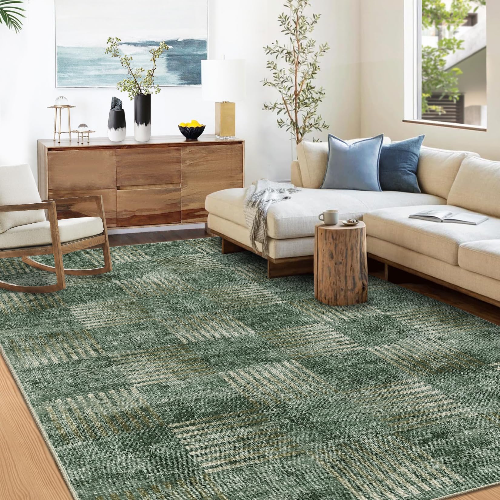 LUXLOOM Washable Green Area Rug - 8'x10', Modern, Soft, Non-Slip, Stain Resistant, Low Pile for Living Room, Bedroom, Classroom