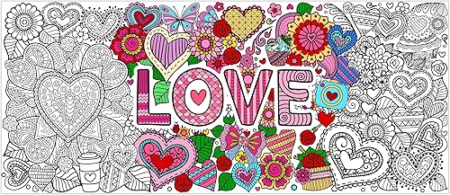 Póster para colorear de mandala Jumbo LOVE – Día de San Valentín, corazón, flores, bricolaje, dibujo, en papel, pancarta de arte en blanco,