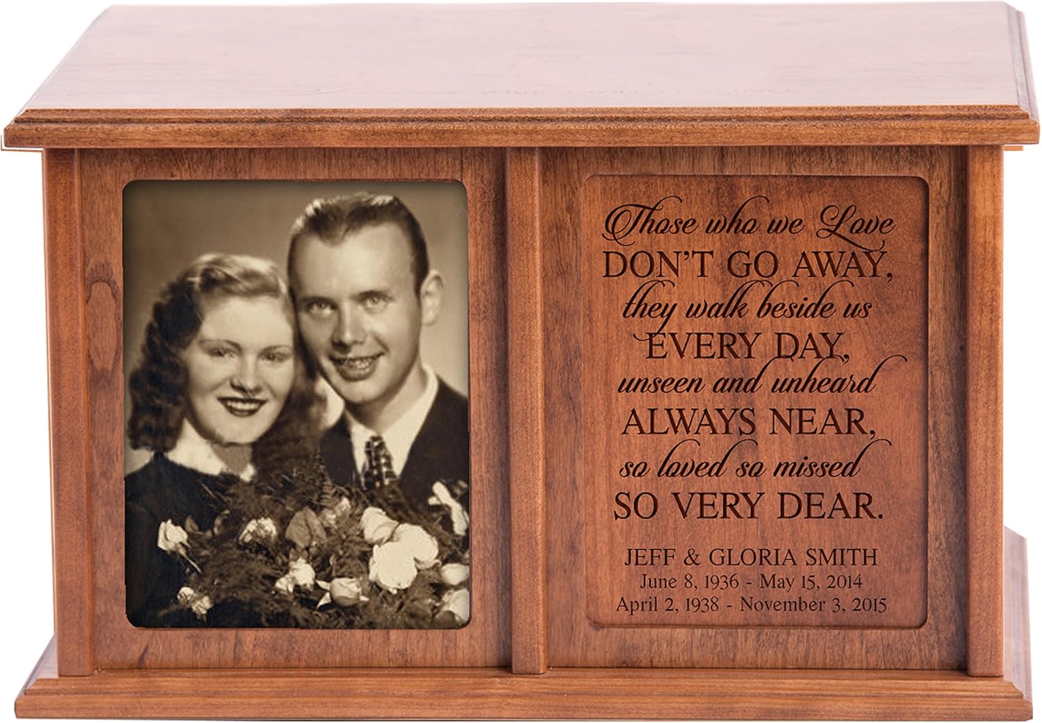 LifeSong Milestones Large Cherry Wood Companion Urn for Two Adults – Solid Wooden Cremation Urn Box for Human Ashes – Double Urn Holds 430 Cu in & Two 5x7 Vertical Photos – Made in USA
