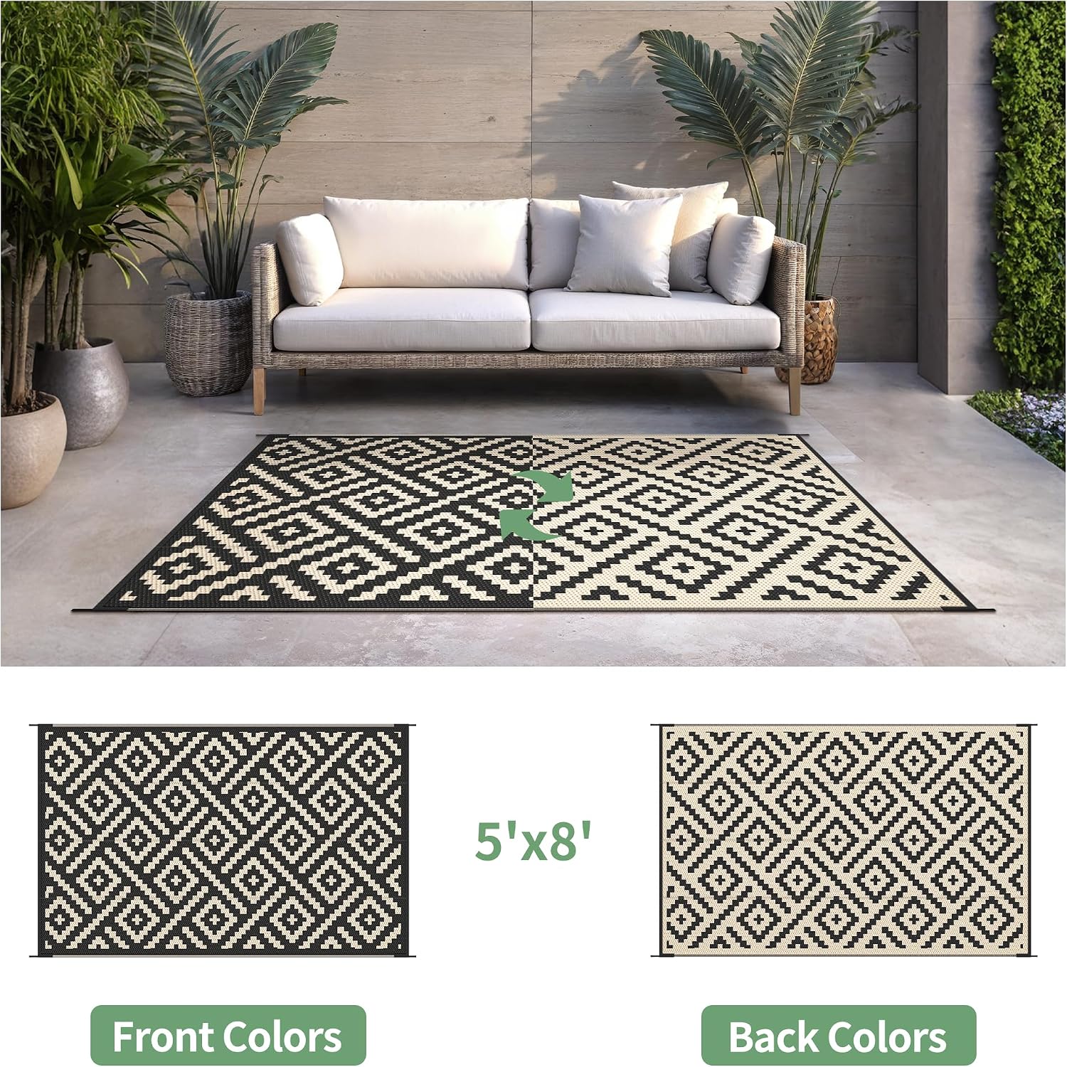 sarben Outdoor Rug for Patio - Waterproof Plastic Straw Camping Rugs 5x8 ft, Reversible Outdoor Indoor RV Mat Carpet for Patio, Porch, Deck, Balcony, Picnic, Beach, Black Beige