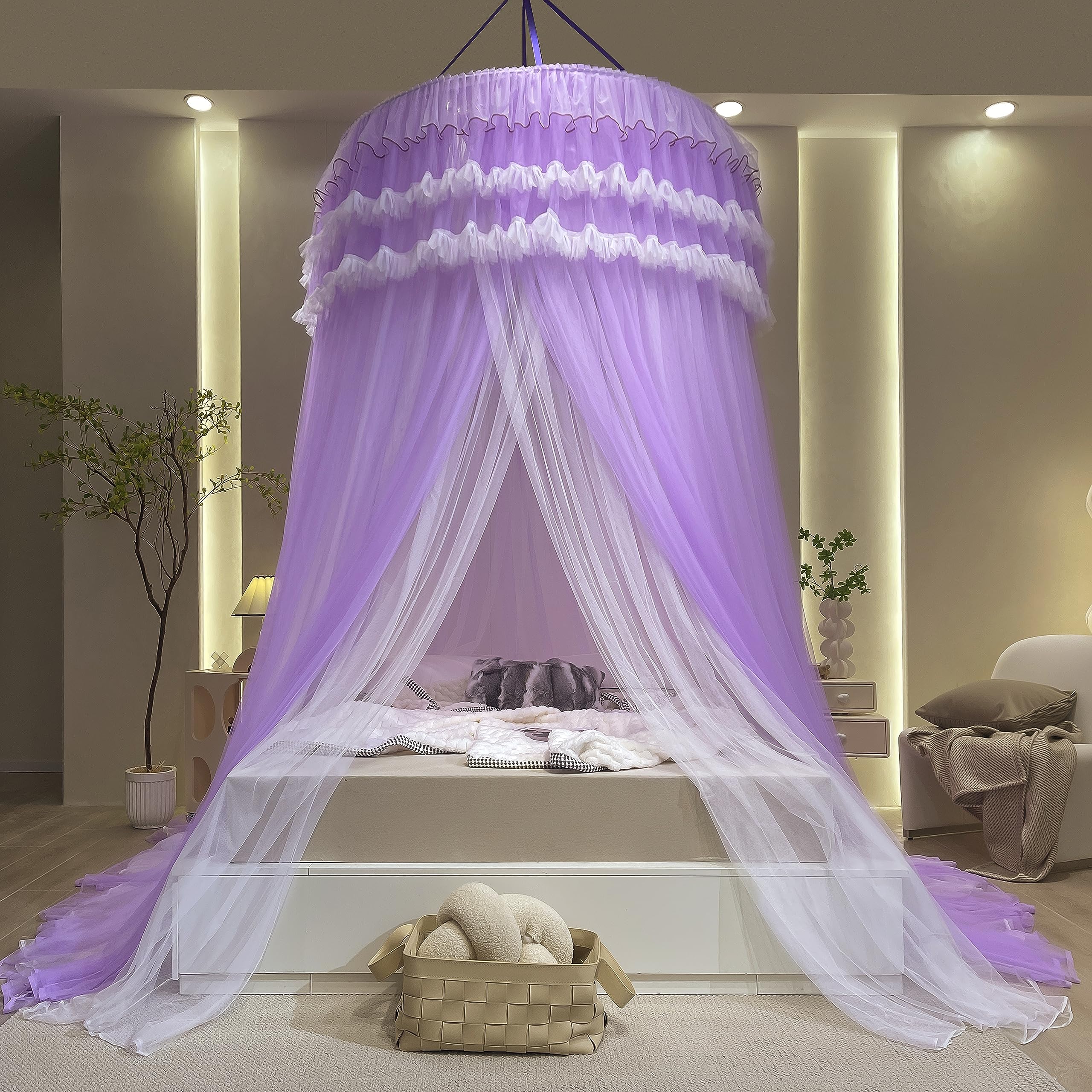 Canopée de lit violette KLUFO moustiquaire blanche pour chambre fille