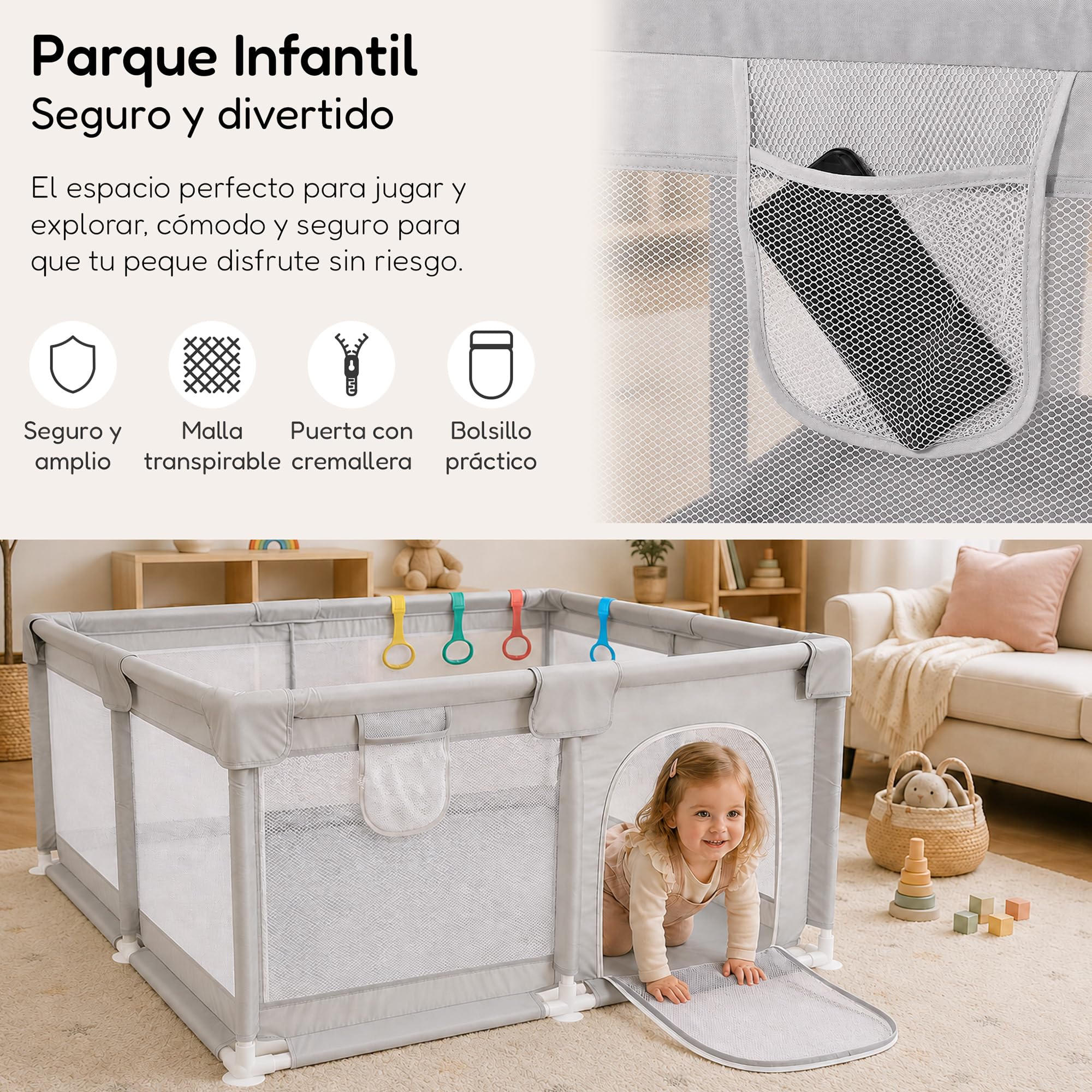 Parque Infantil Bebé Grande, Corralito de Juegos con Malla para Niños Bebes