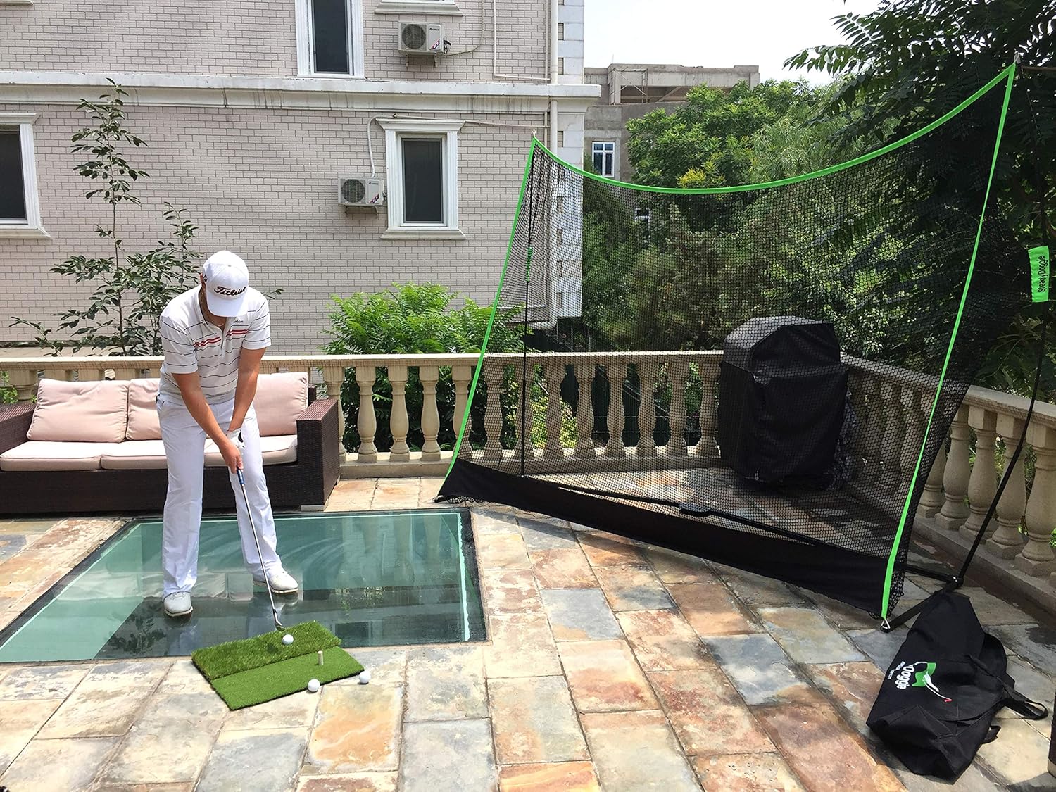 SteadyDoggie for Backyard Driving, Golf Practice Net, Dual-Turf Golf Mat, Chipping Target & Carry Bag