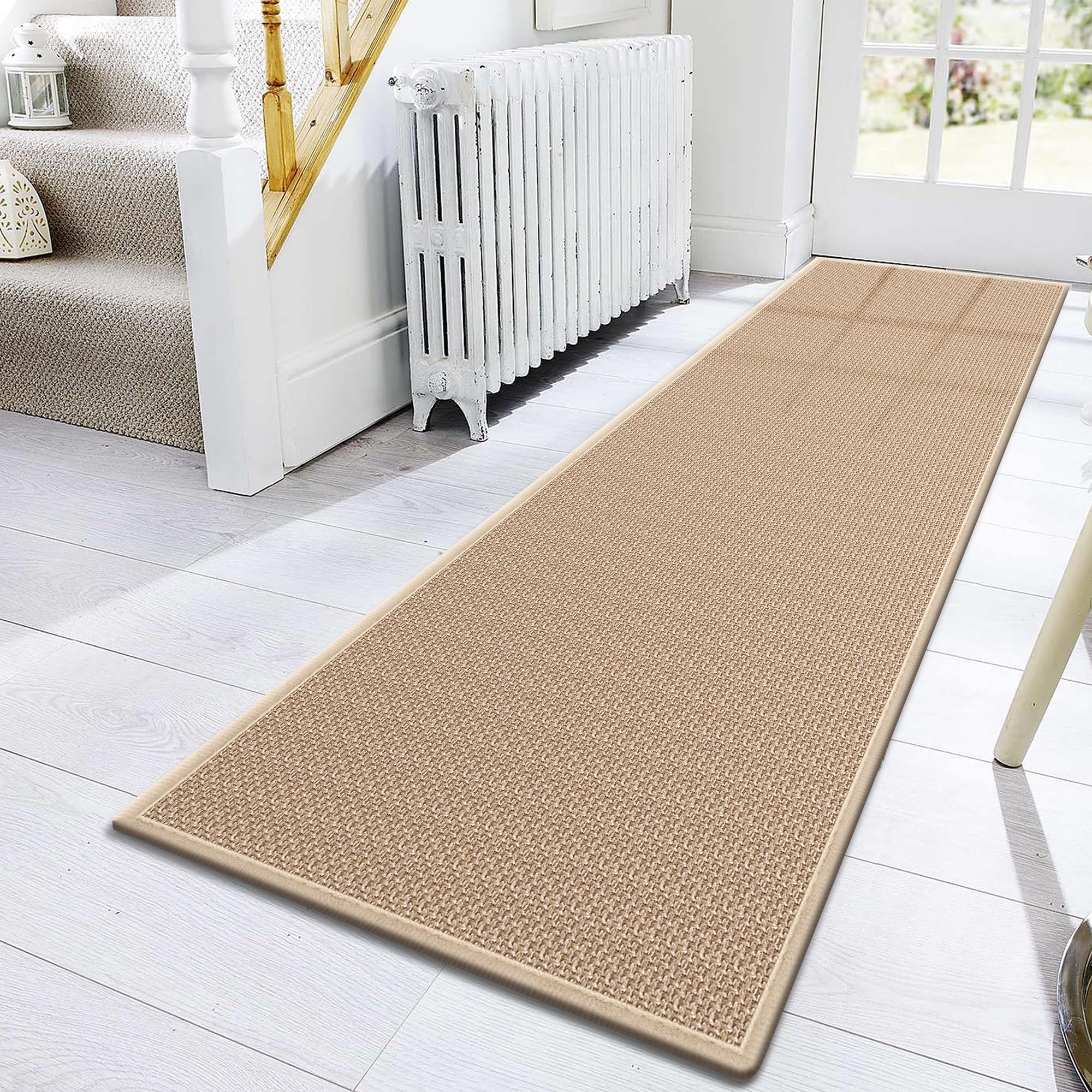 View 1 of 10ft Natural Jute Hallway Runner Rug Non Slip Washable, Rubber Backed Long Khaki Indoor Entryway Runner, Absorbent Kitchen Carpet Sink Rug