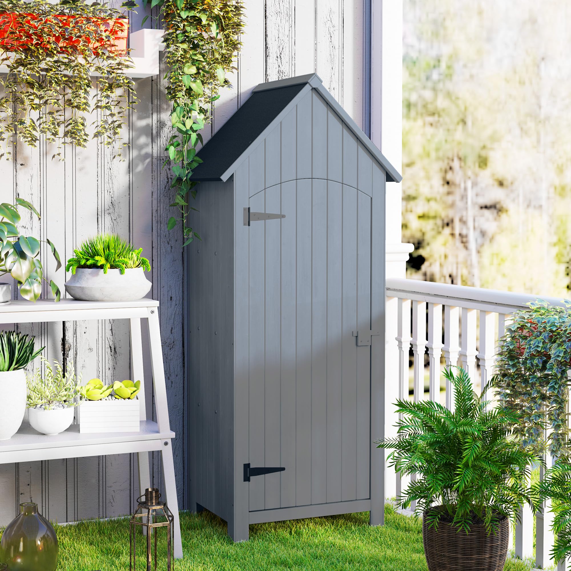 Outsunny - Cobertizo de jardín de Madera, cabaña de jardín al Aire Libre, Armario de jardín con Techo asfaltado, 3 estanterías, Puerta con pestillo para Almacenamiento Exterior para terraza, 77,5 x