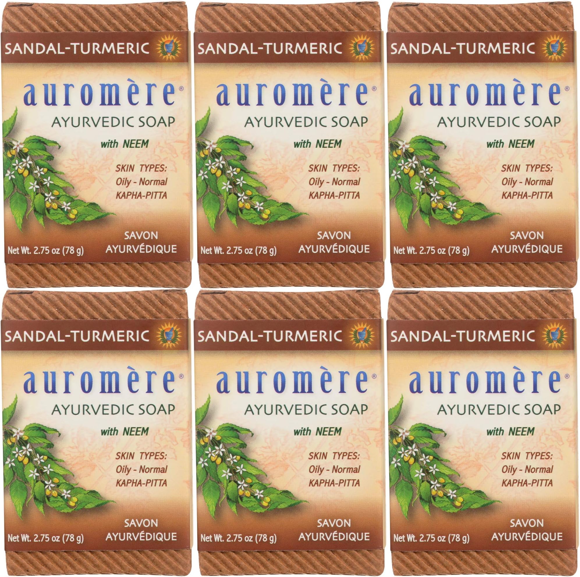 Auromere Ayurvedic Bar Soap, Sandal Turmeric - Eco Friendly, Handmade, Vegan, Cruelty Free, Natural, Non GMO (2.75 oz), 6 pack