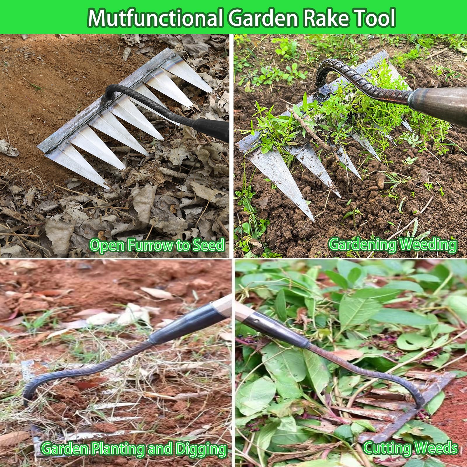 Lot de 2 râteaux en Fer pour désherber, Outil de Jardinage Robuste en métal avec 5 Dents, Outil de désherbage Manuel et Tranchant pour Le Jardinage et Les plantations agricoles.