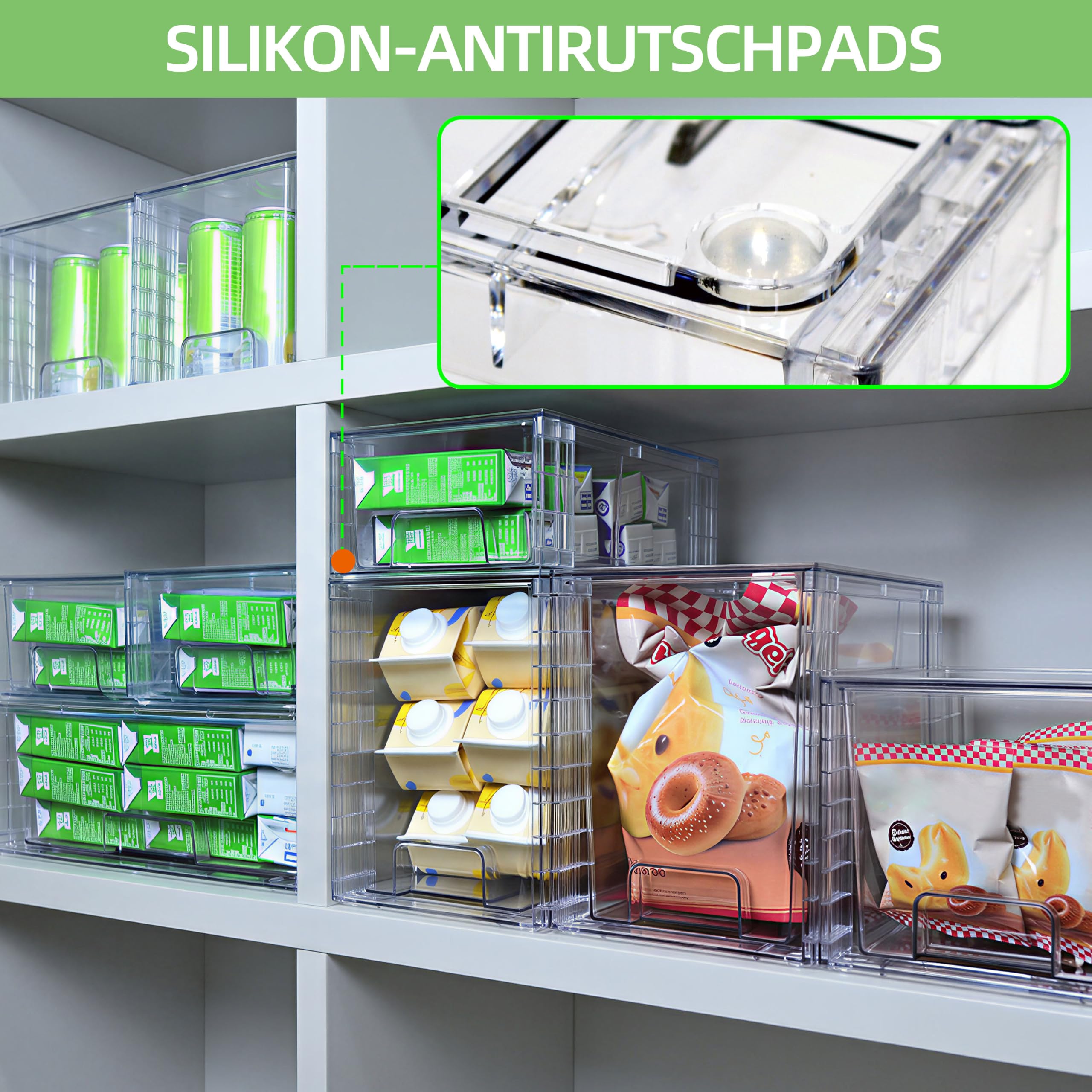 3er Set Breite Stapelbare Aufbewahrungsschubladen für Bad und Küche, Hochfeste Klare Acryl Organizer mit Griffen Einfach Zu Montierende Kunststoffboxen für Kühlschrank Schrank und Speisekammer