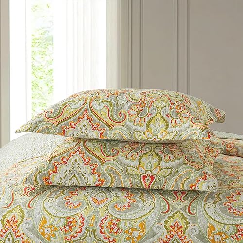 Vista 65 de NEWLAKE Juego de colcha de algodón, juego de colcha reversible de retazos, estampado real clásico turquesa, tamaño Queen Turquesa Clásico