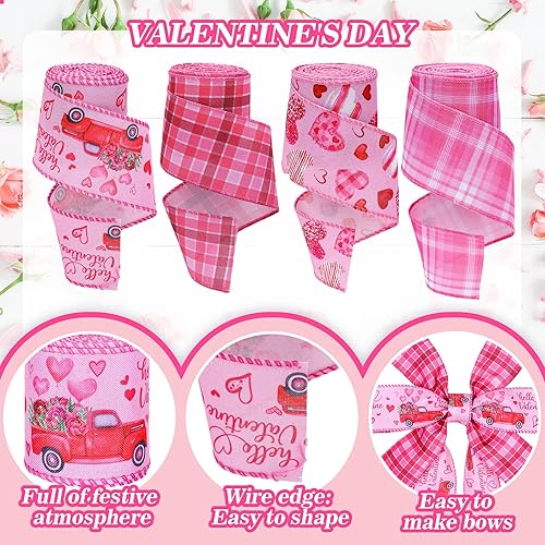 Miniatura 3 de Whaline Cinta de tela a cuadros para el día de San Valentín, diseño de corazón, camión, búfalo, 24 yardas y 2.5 pulgadas, color rosa, para