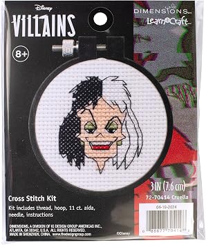 Dimensions 72-70414 Disneys Cruella Mini Beginners Cross Stitch Kit, 3" Diameter, Multicolor, 5 Pieces