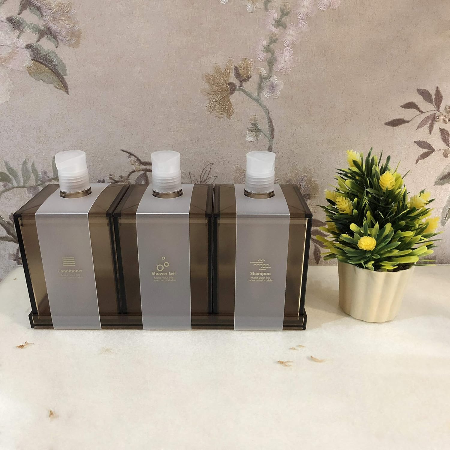 MoYin Refillable Empty Shampoo Bottle Set,Dispensing Containers with Pumps and Base Plate,Available for Conditioner,Body Wash,Hair Gel,Liquid Soap,3 Pack/Set (Brown)