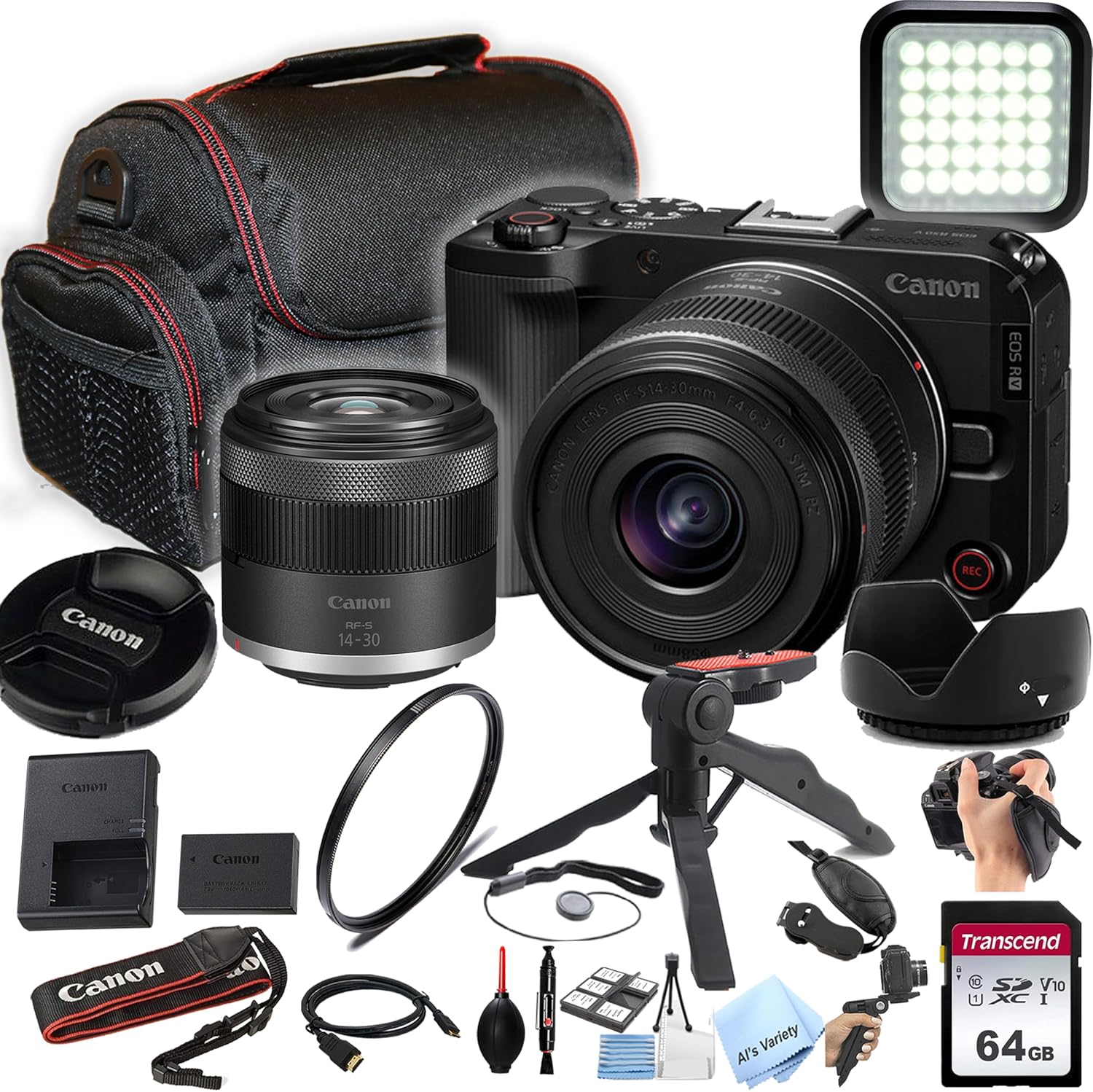 Canon EOS R50V 24.2MP APS-C CMOS Sensor Mirrorless Camera with 14-30mm Lens + 64GB Memory, LED Video Light, Case, Gripster Tripod, and More (Essential Bundle) (Renewed)