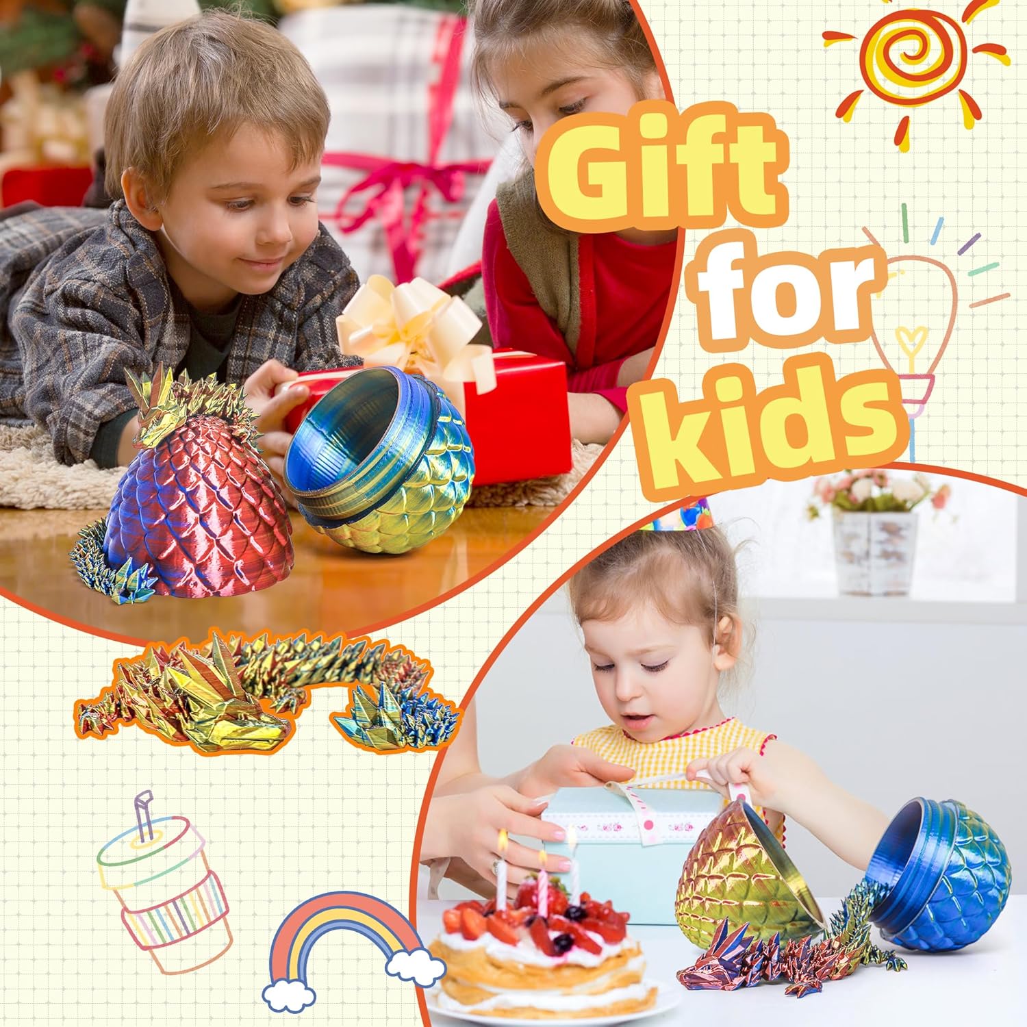 3D Printed Dragon in Egg - Flexible Crystal Dragon Inside, Colorful Fidget Toy, Birthday Gift, Desk Pet Figure, Easter Basket Stuffers - 12” Dragon (Gold Red Blue)
