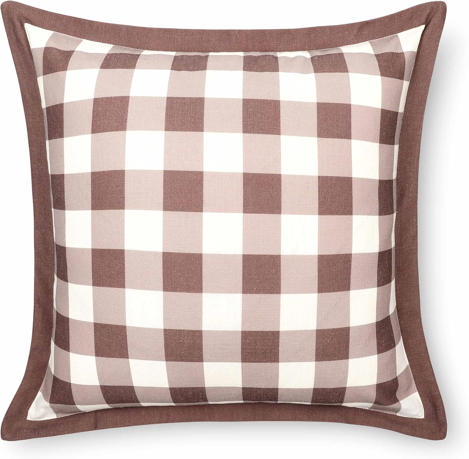 Crumbs Home Modern Farmhouse California Casual Indoor Outdoor Throw Pillow Cover, 22"x22" Water Repellent for Patio, Backyard, Couch, Poolside, Cocoa Brown Print Gingham