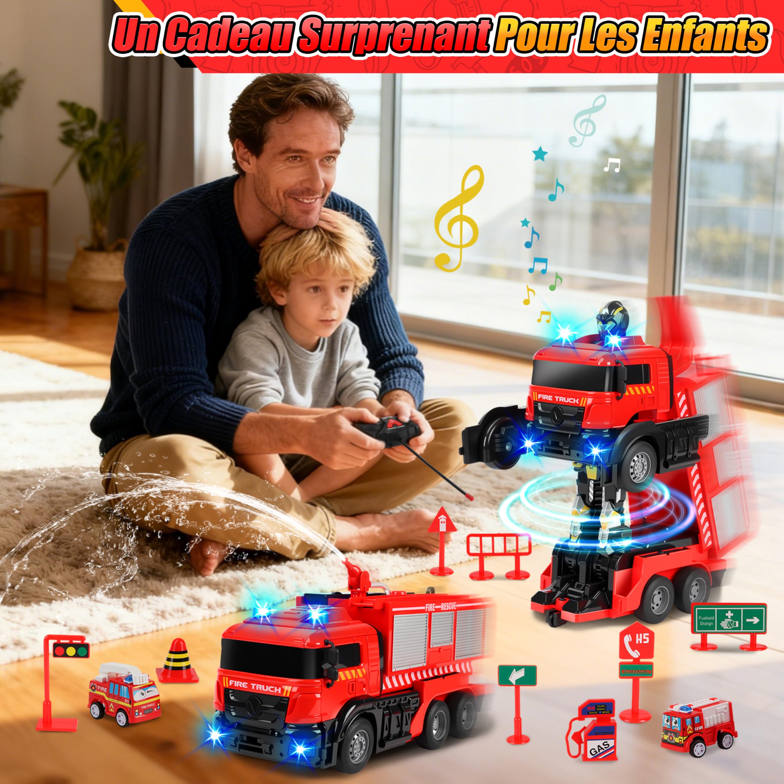 Charmofun Gros Camion Pompier avec Sonore et Lumineux, Voiture Pompiers Telecommande avec Pulvérisation d'eau, Robot Transformable Voiture Télécommandé Enfant, Cadeau Noël et Anniversaire Enfant